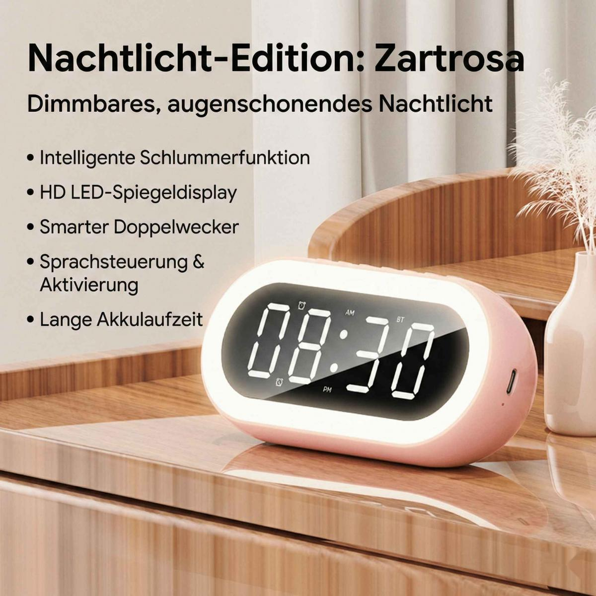 Ein rosafarbener Digitalwecker zeigt 08:30 an. Texte beschreiben Funktionen.