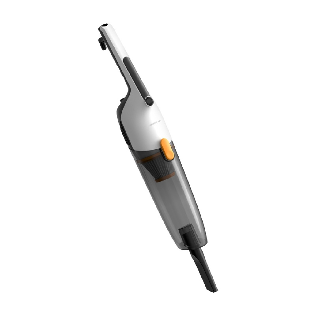 Un aspirapolvere portatile bianco con contenitore trasparente e pulsante arancione.