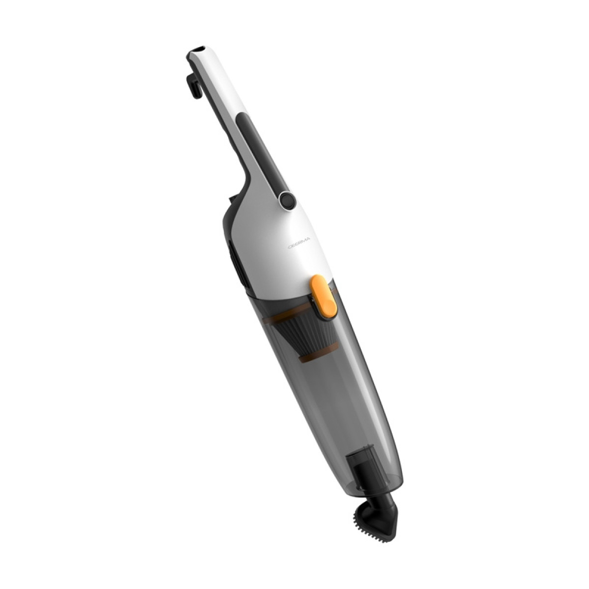 Un aspirapolvere portatile bianco con impugnatura nera e contenitore traslucido.