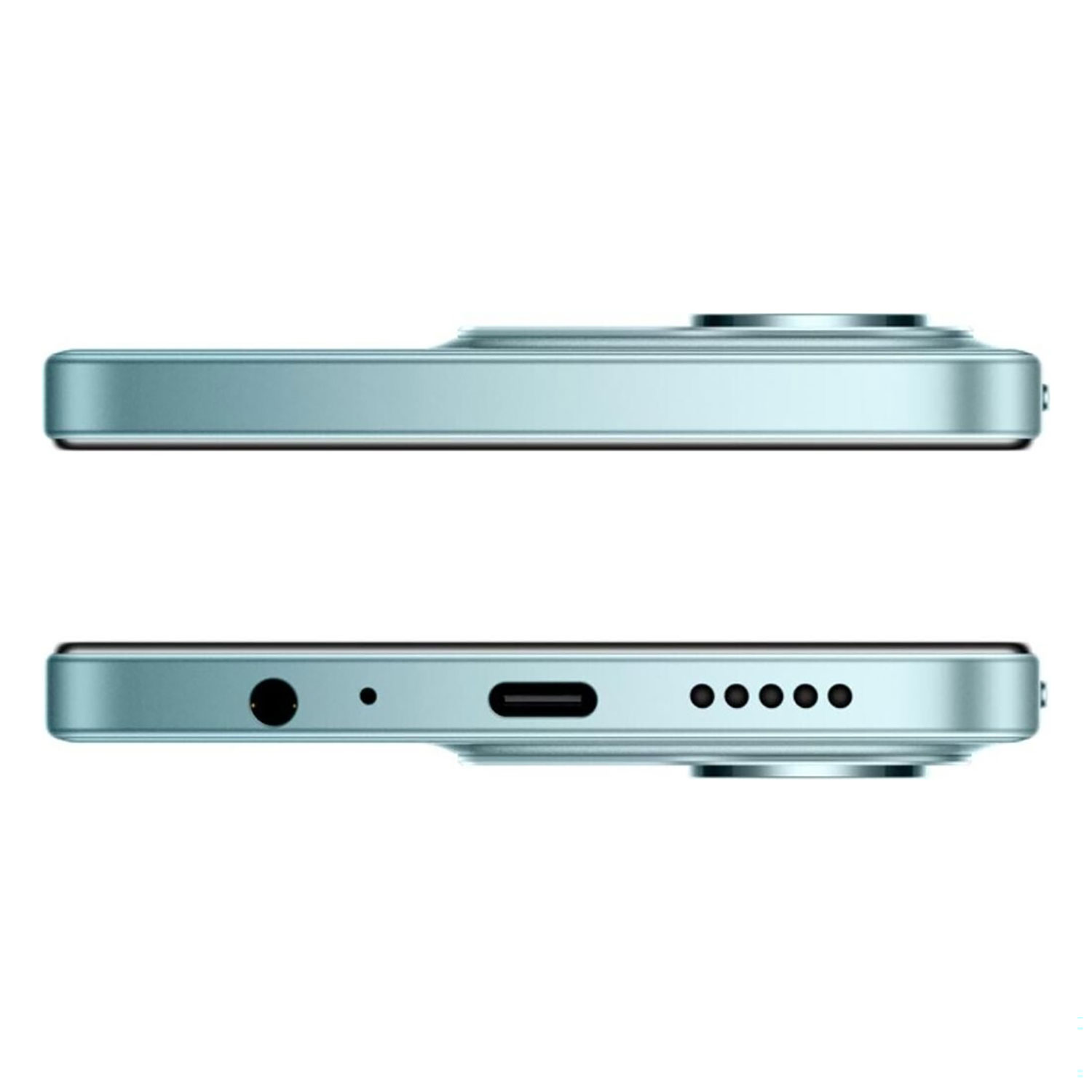 Widok z góry i z dołu turkusowego smartfona pokazujący porty i wybrzuszenie aparatu.