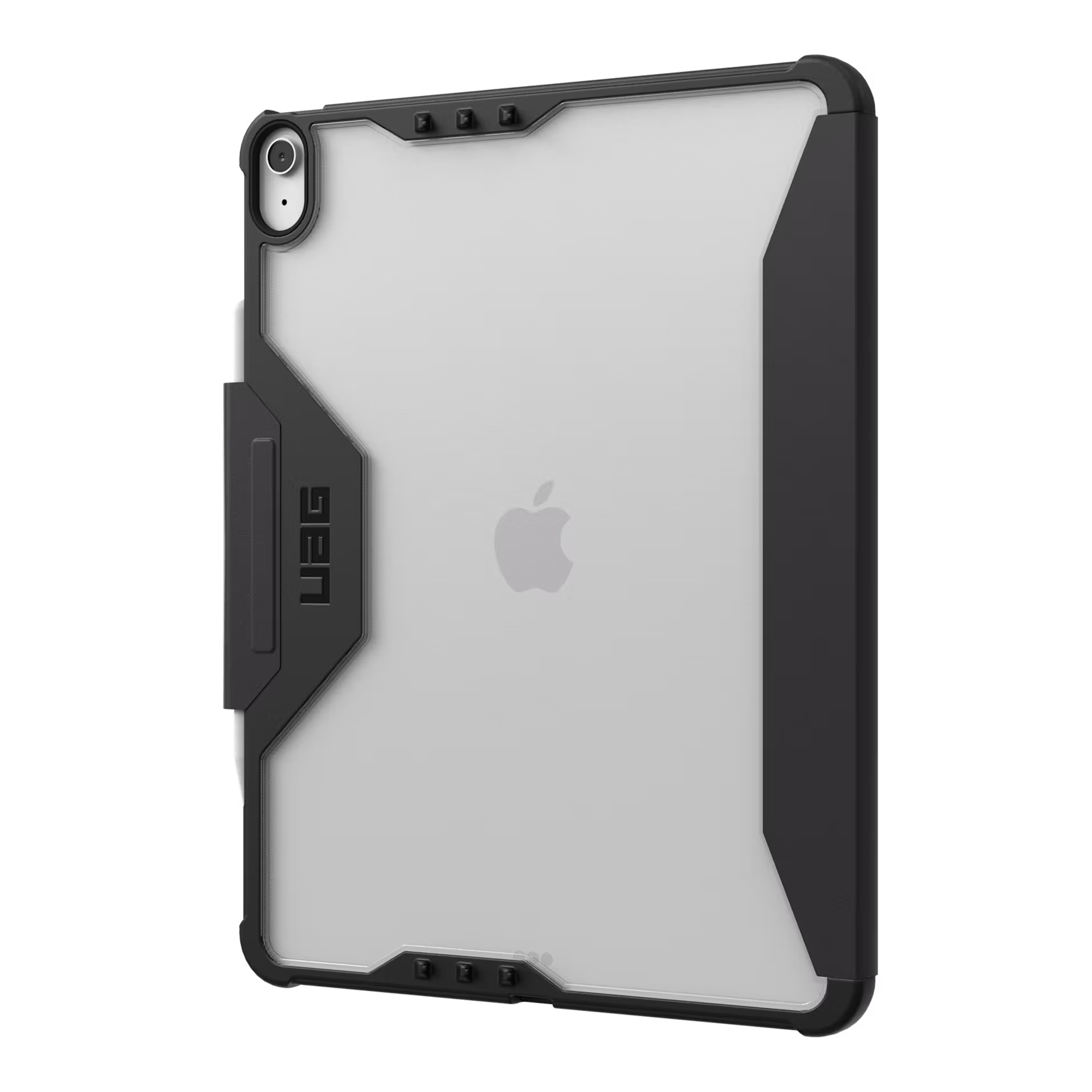 Czarne etui na tablet z przezroczystym tyłem i logo Apple.