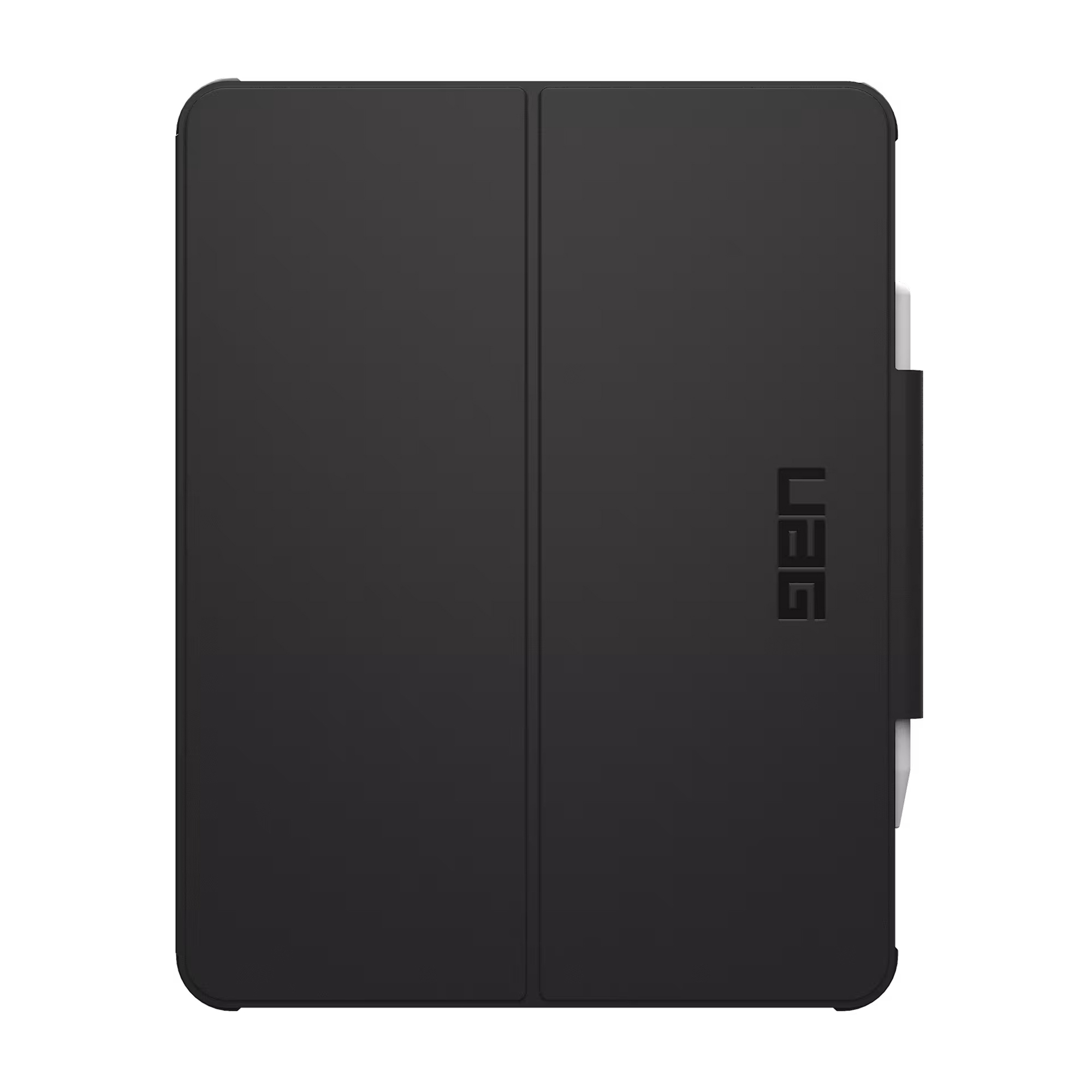 Czarna obudowa na tablet z logo UAG, zamknięta, z uchwytem na rysik.