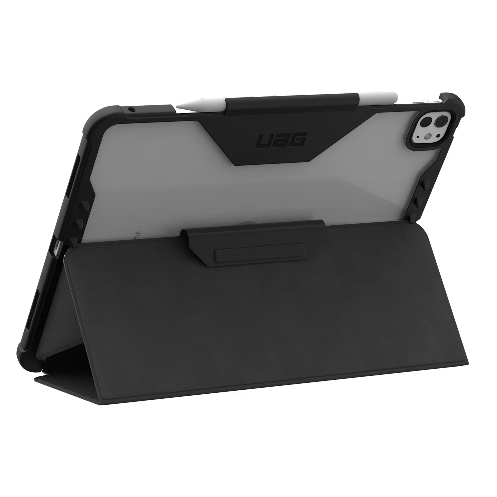 Czarne etui UAG na tablecie z rysikiem. Etui posiada podstawkę.