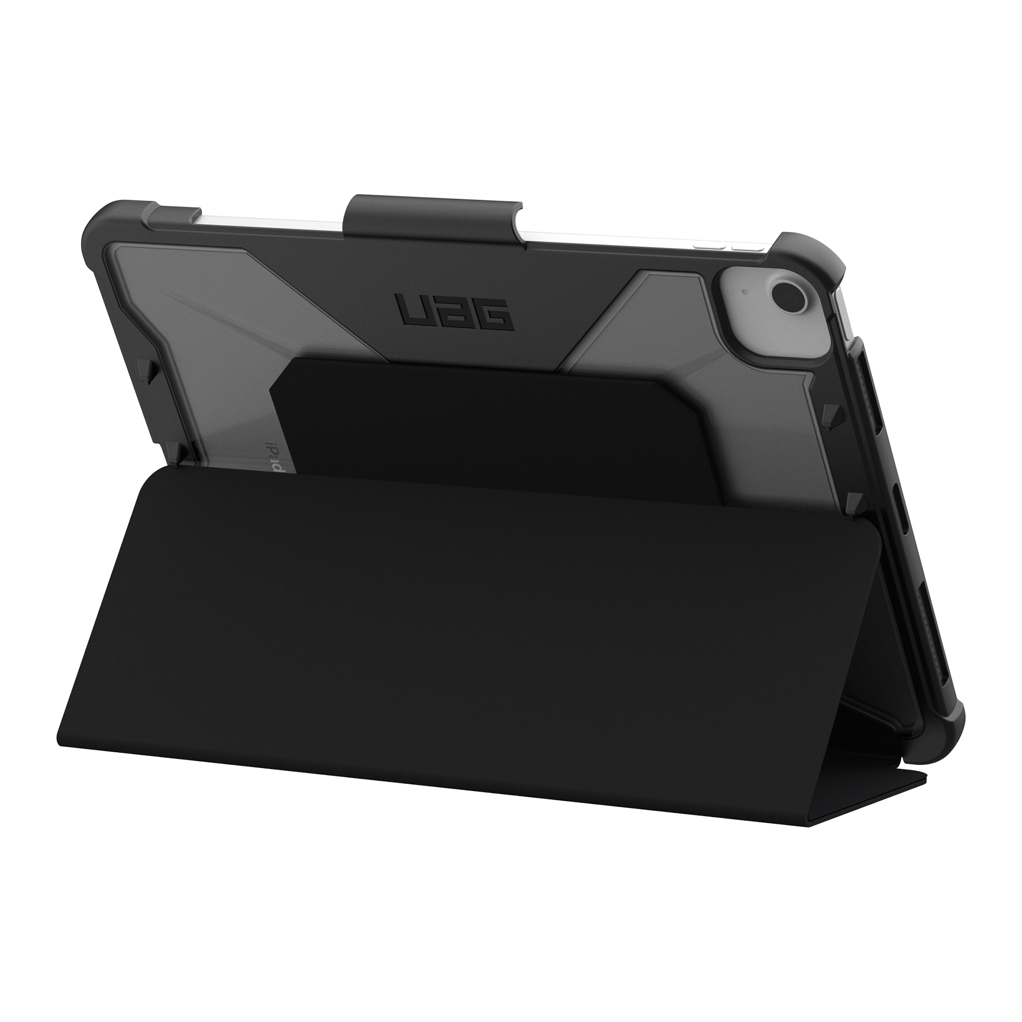 Czarny tablet w etui ochronnym z rozłożonym stojakiem, białe tło.