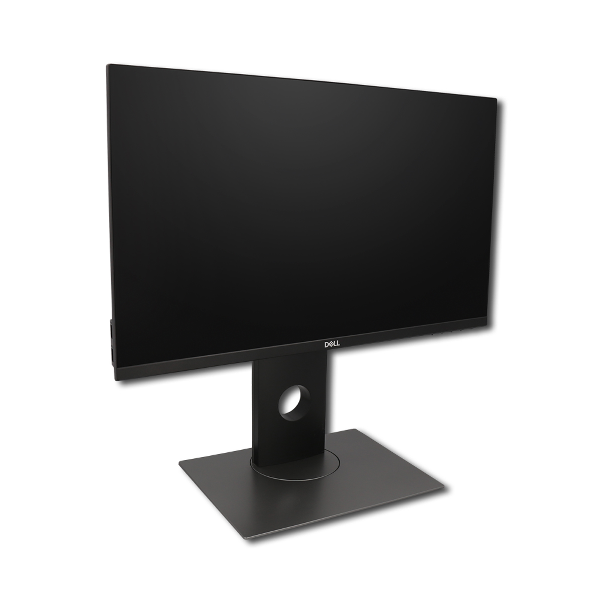 Ein schwarzer Dell Monitor mit einem modernen Standfuß steht auf weißem Grund.