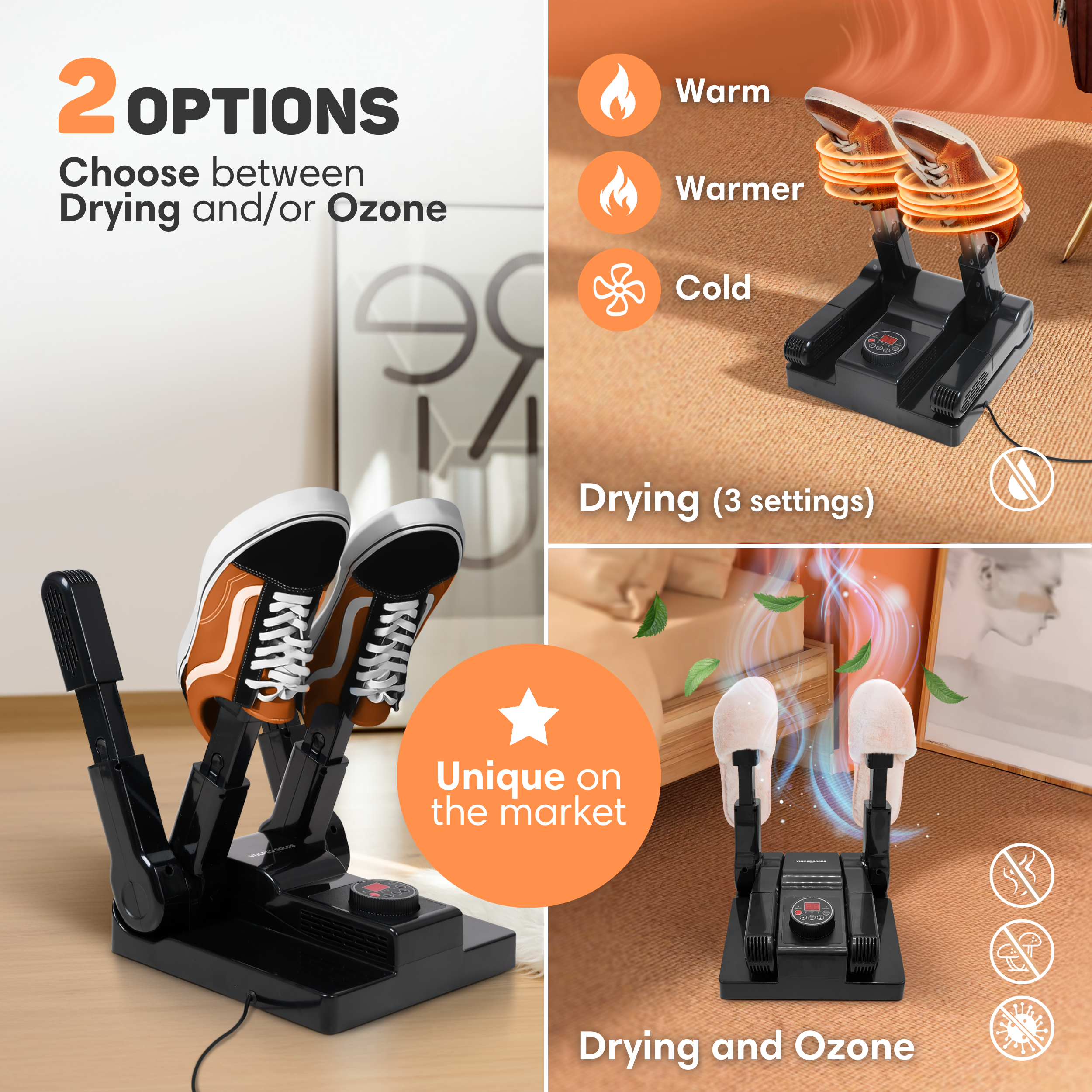 Shoe dryer with drying and ozone options, 3 settings.