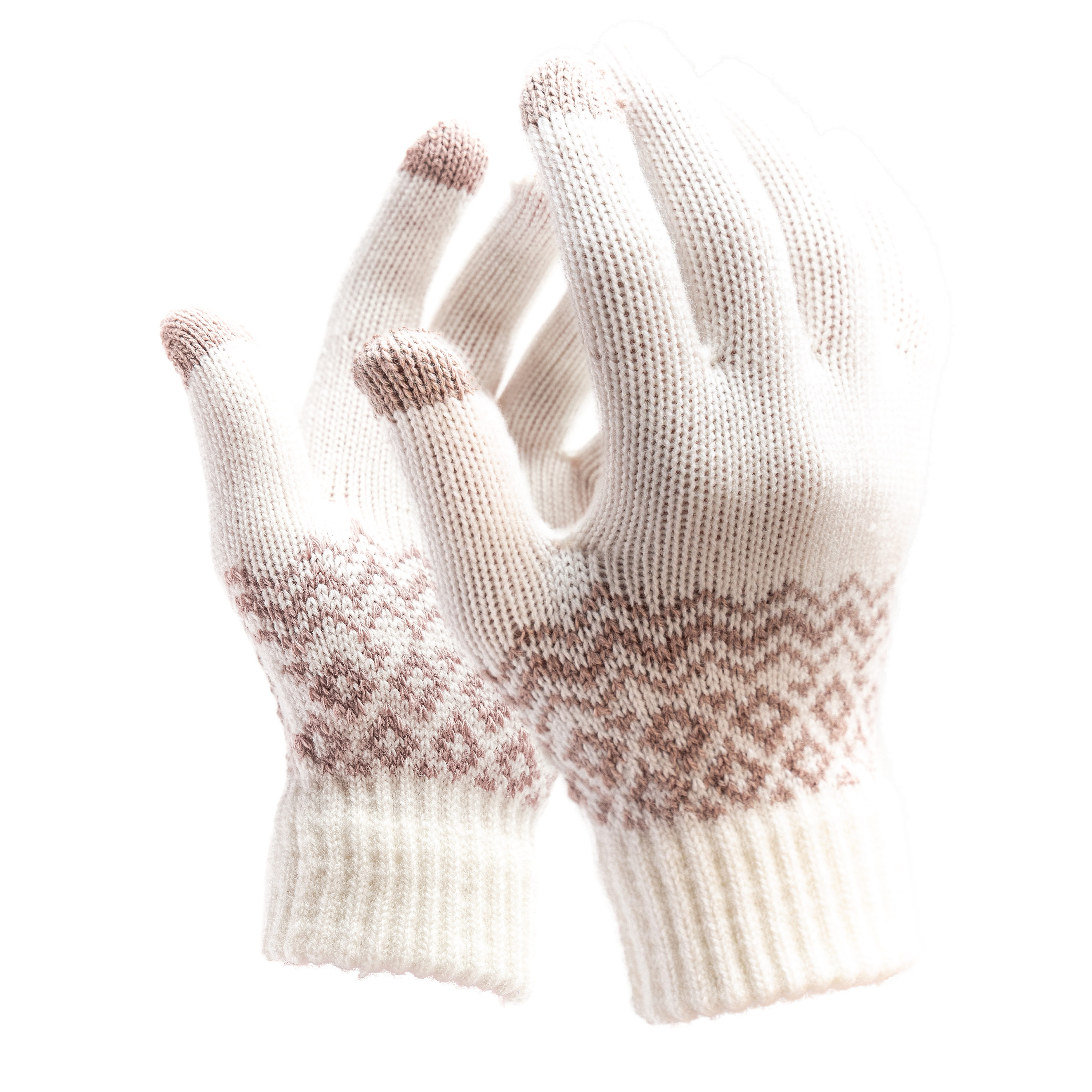 White knitted gloves with brown pattern and touchscreen fingertips.