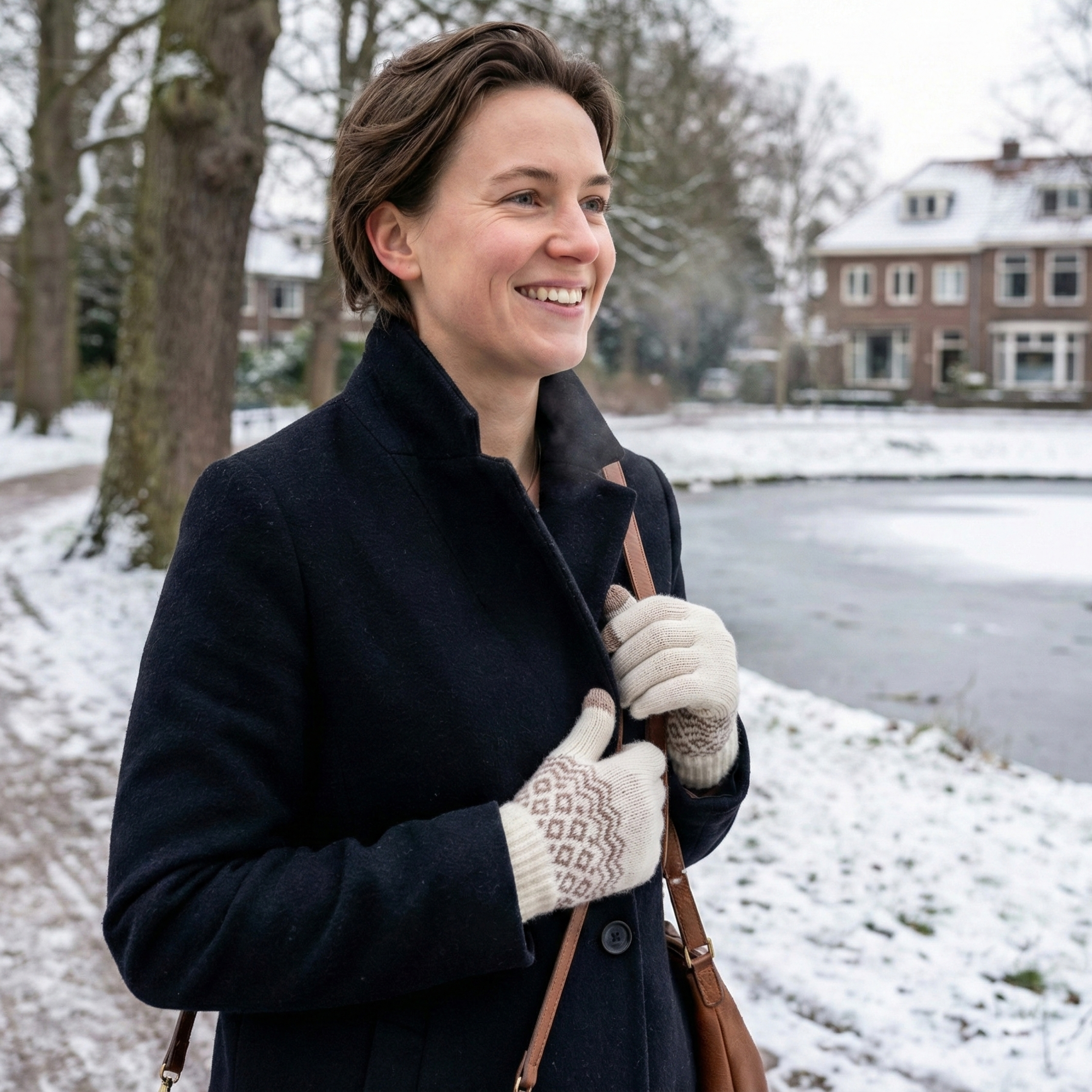 Woman in a black coat and patterned gloves smiles in the snow. Houses in background.