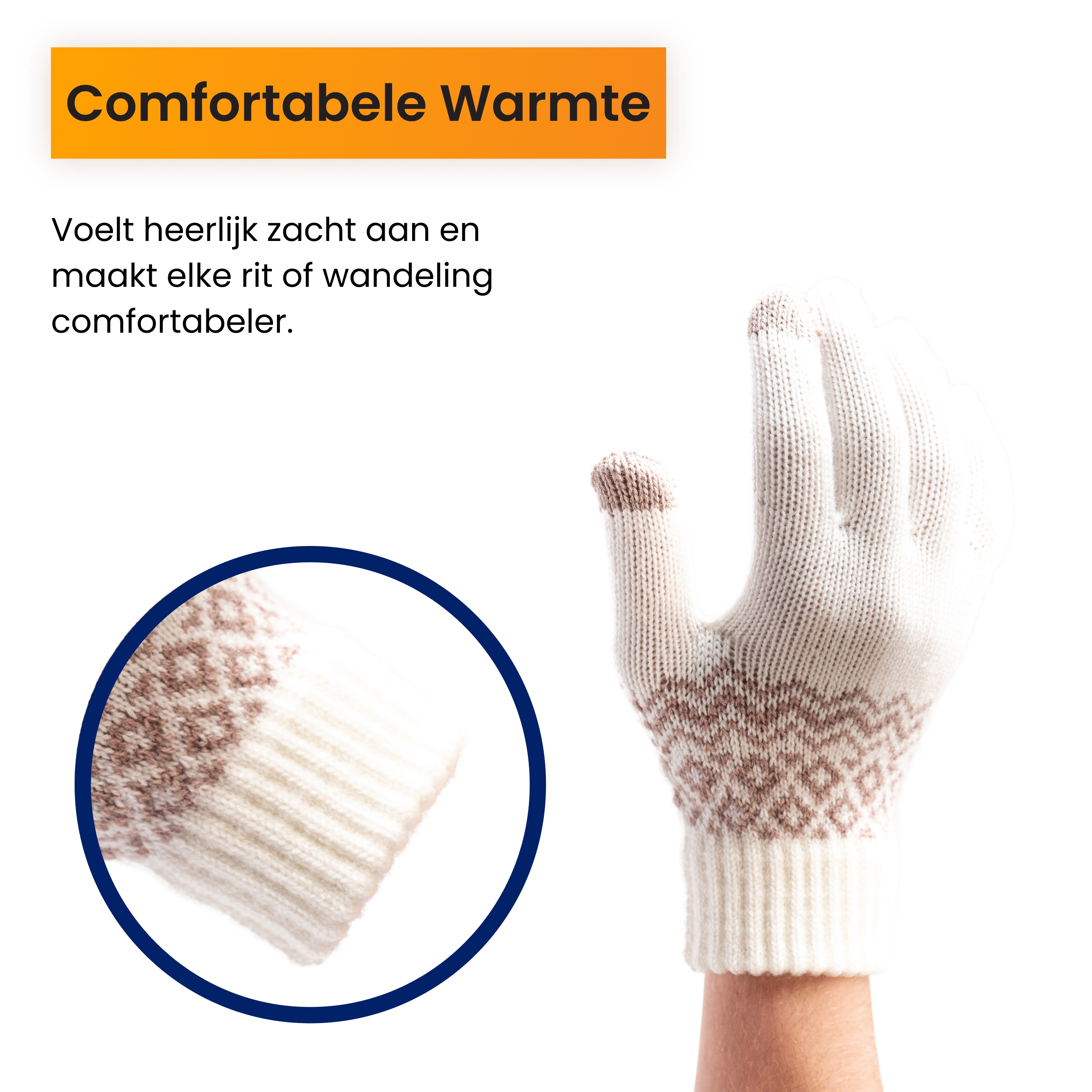 White knit gloves with brown fair isle pattern. Close-up view.