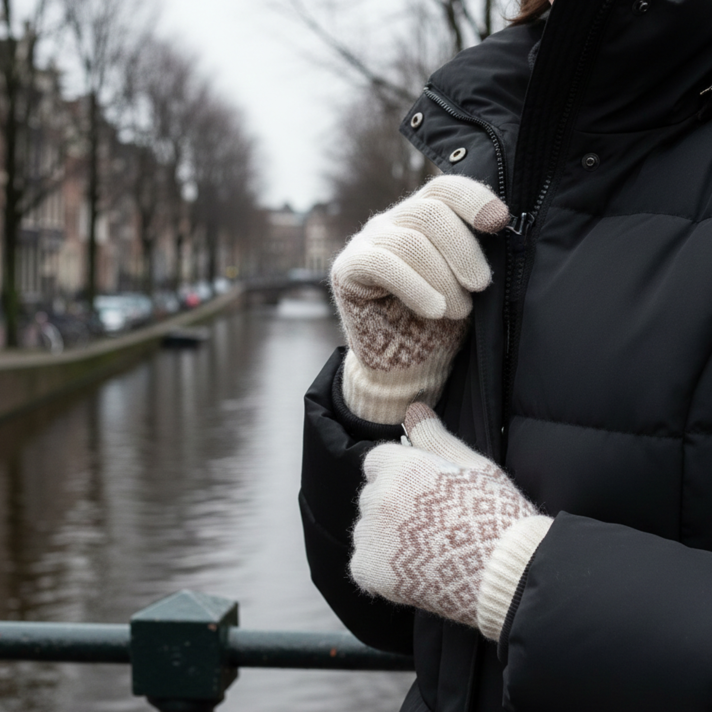 Person in black jacket and patterned gloves by a canal.