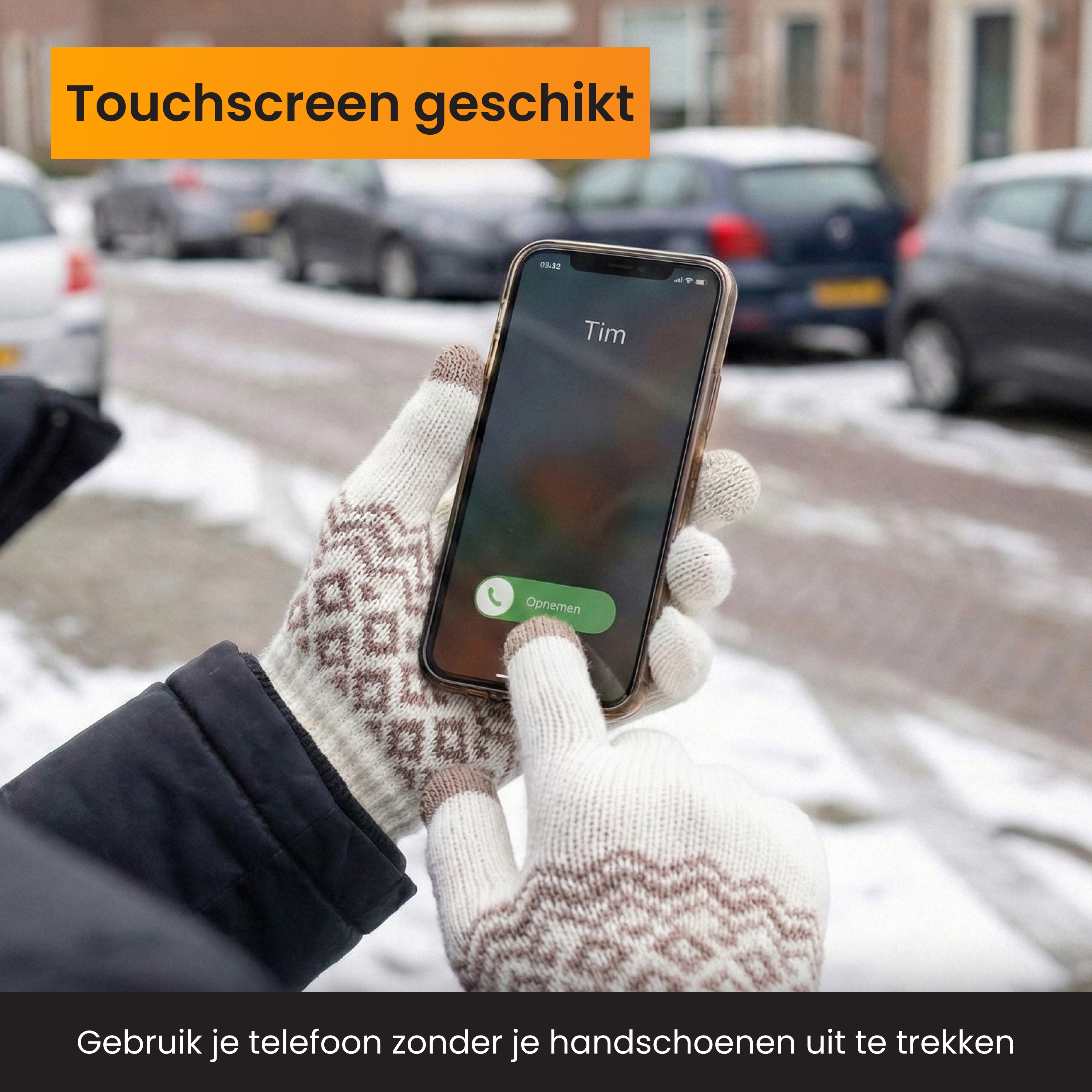 Person in gloves uses smartphone in snow. 'Tim' call is being answered.