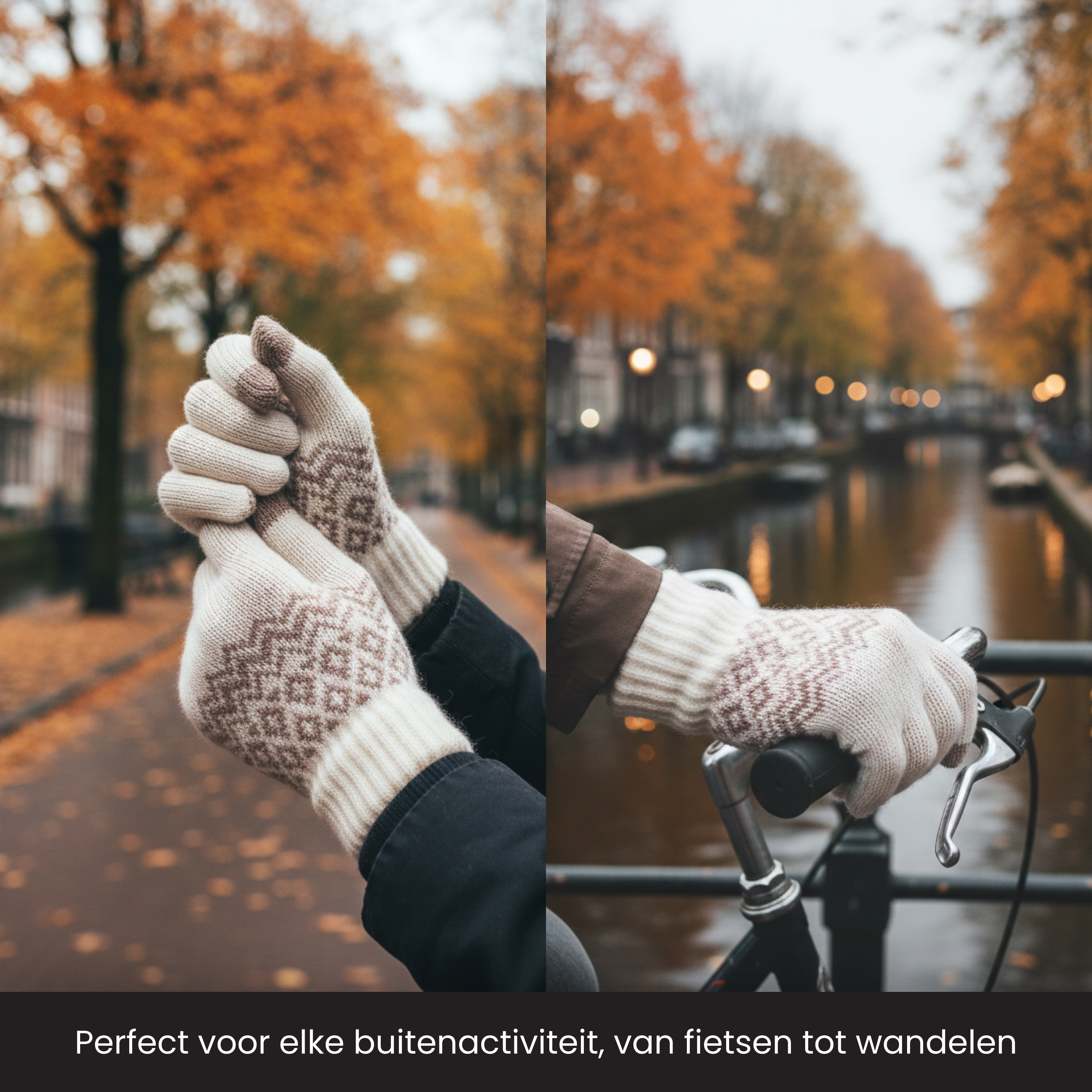 Knitted patterned gloves, autumn leaves, and a canal in Amsterdam.