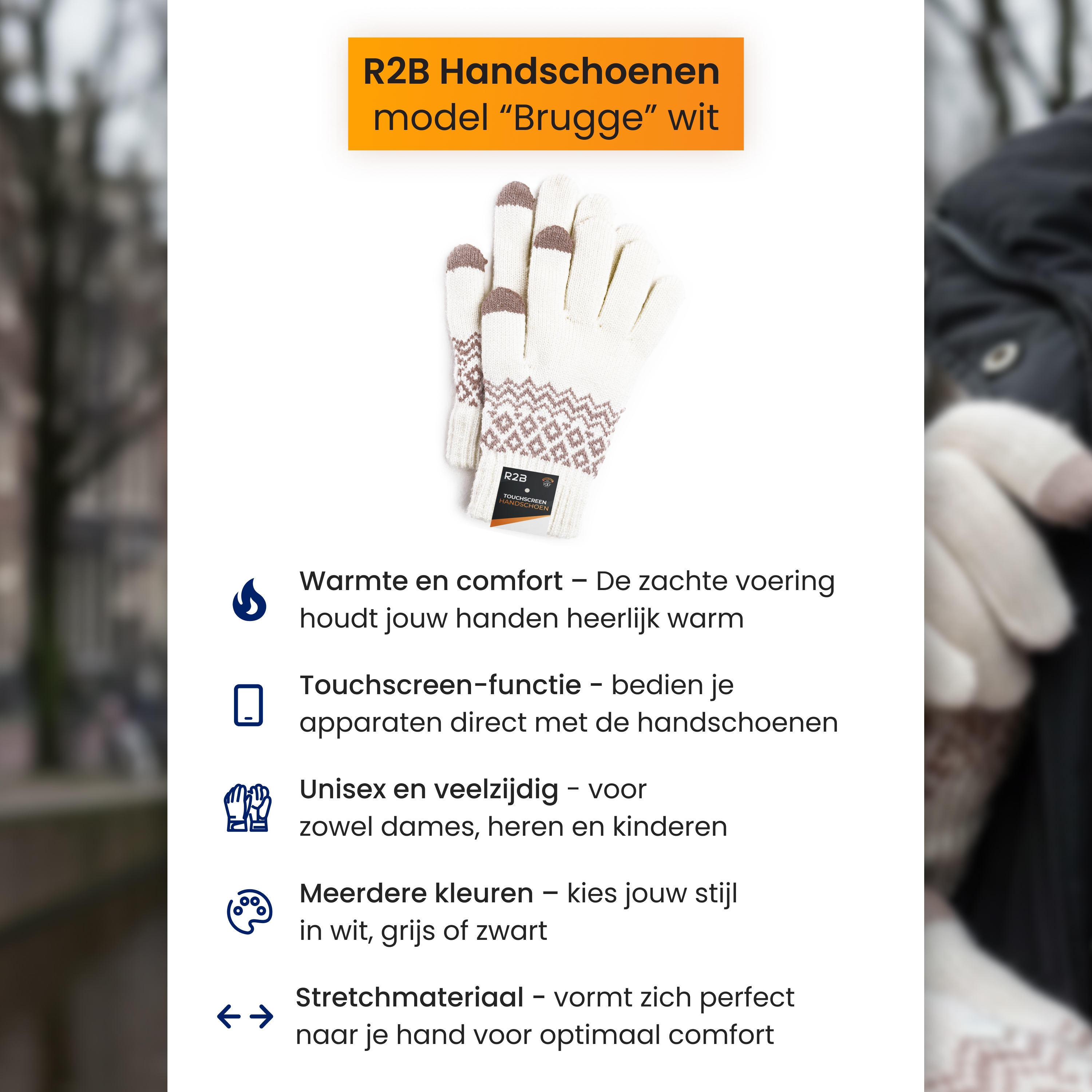 White R2B "Brugge" model gloves with pattern, touchscreen compatible.