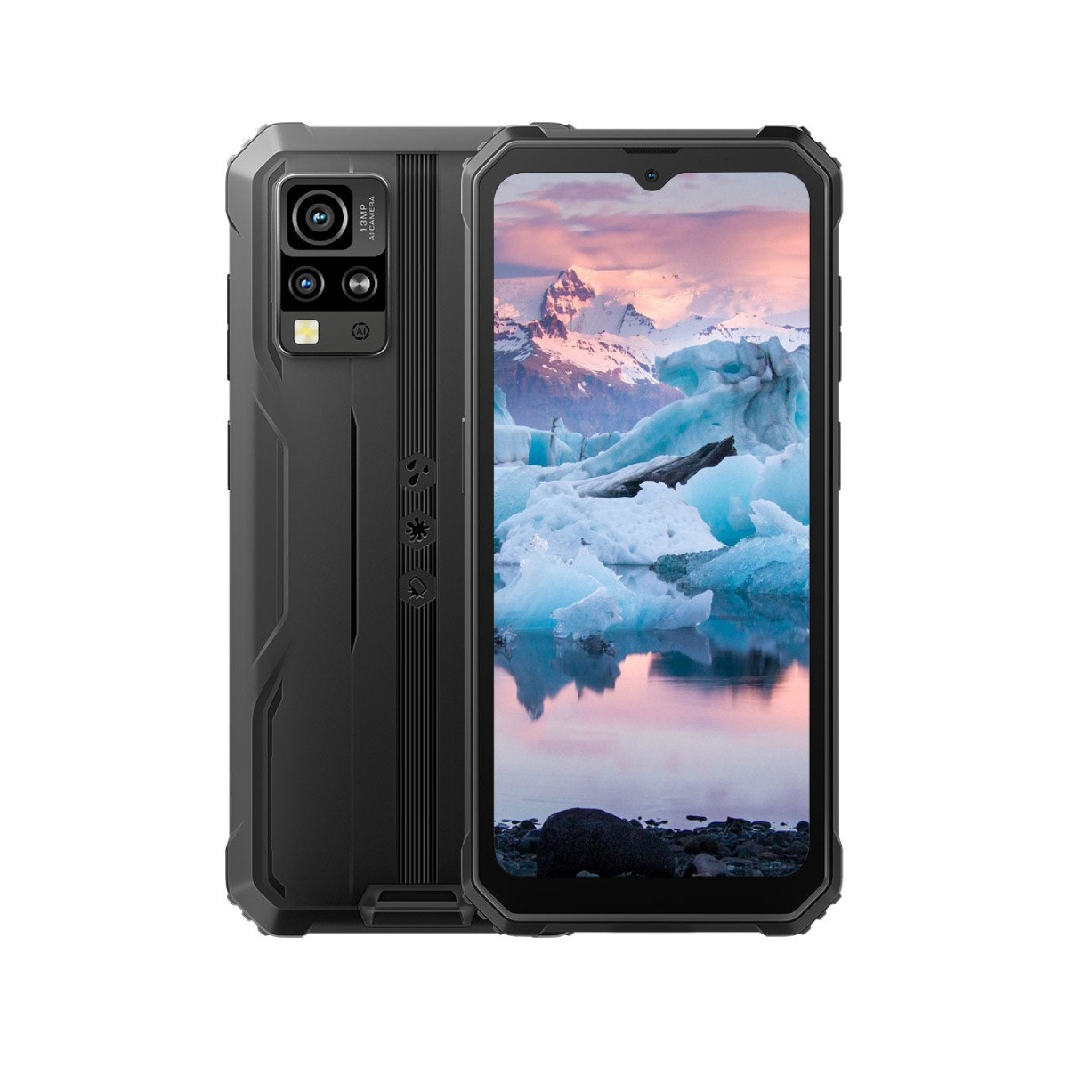 Smartphone nero con iceberg e neve sullo schermo.