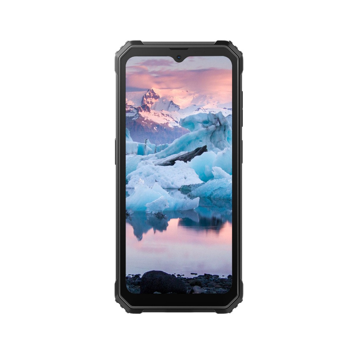 Uno smartphone robusto mostra un paesaggio ghiacciato con montagne innevate sullo sfondo.