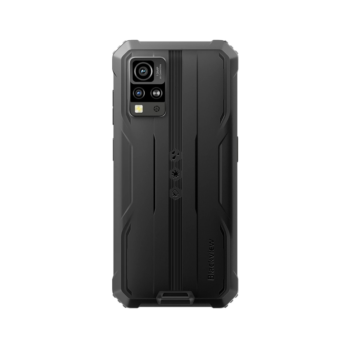Retro di uno smartphone robusto nero con modulo fotocamera e logo.