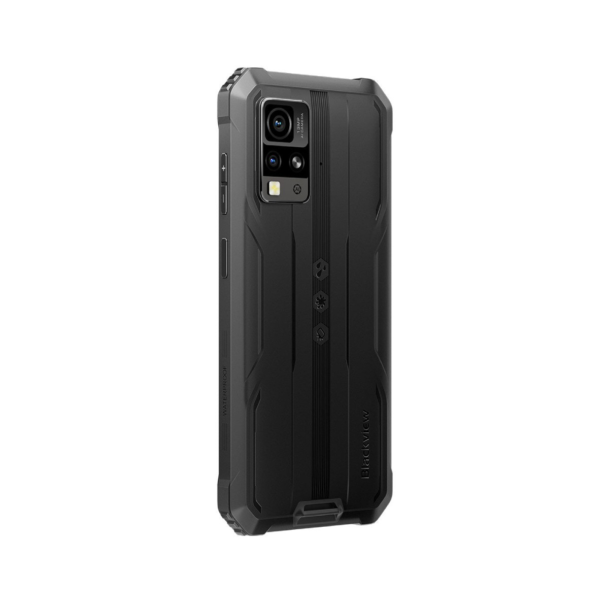 Smartphone nero con custodia robusta, fotocamera principale in alto a sinistra.