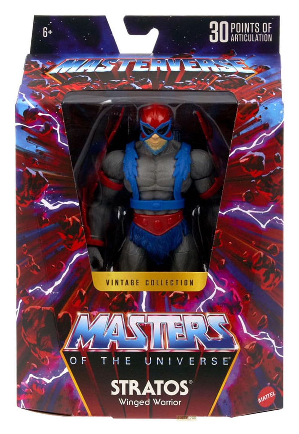 Action figure Stratos di Masters of the Universe in scatola. Ha ali blu.