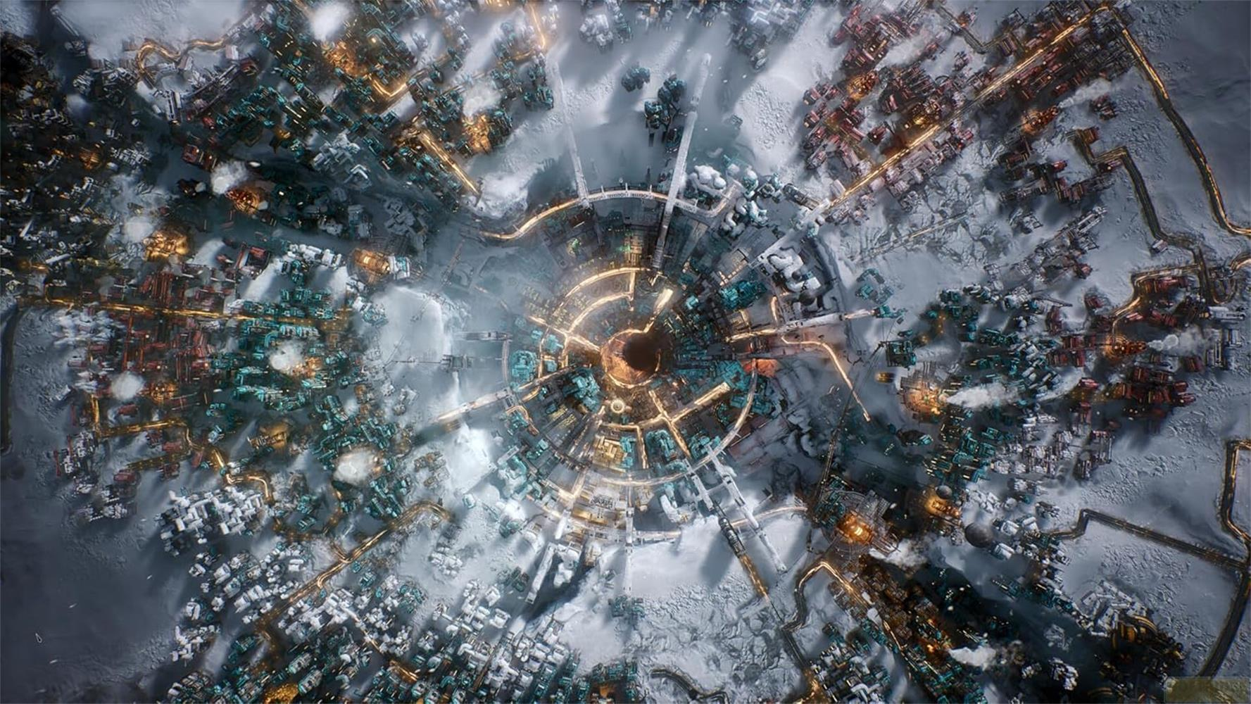 Una città ghiacciata con strade circolari ed edifici illuminati.
