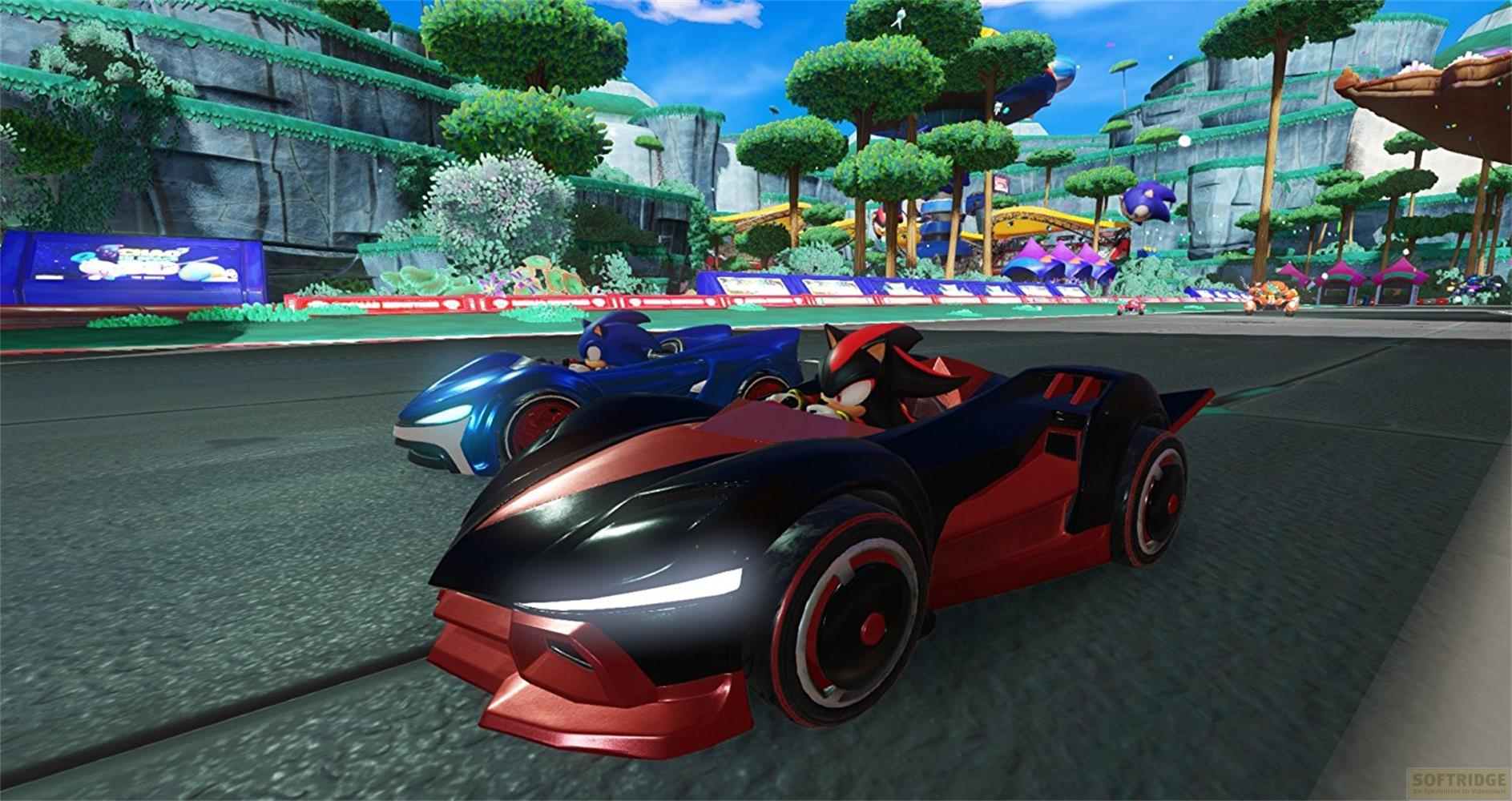 Shadow et Sonic font la course en karts sur une piste avec des rochers et des arbres.
