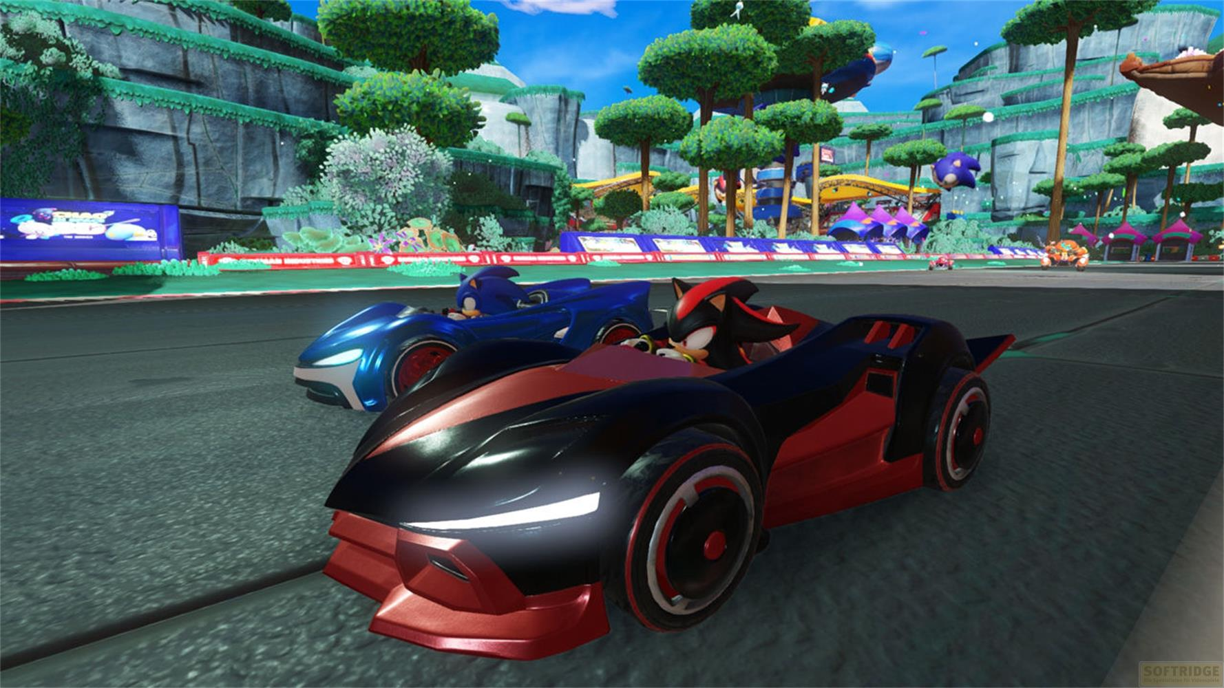 Shadow et Sonic font la course dans des karts colorés sur une piste. Arrière-plan vif.