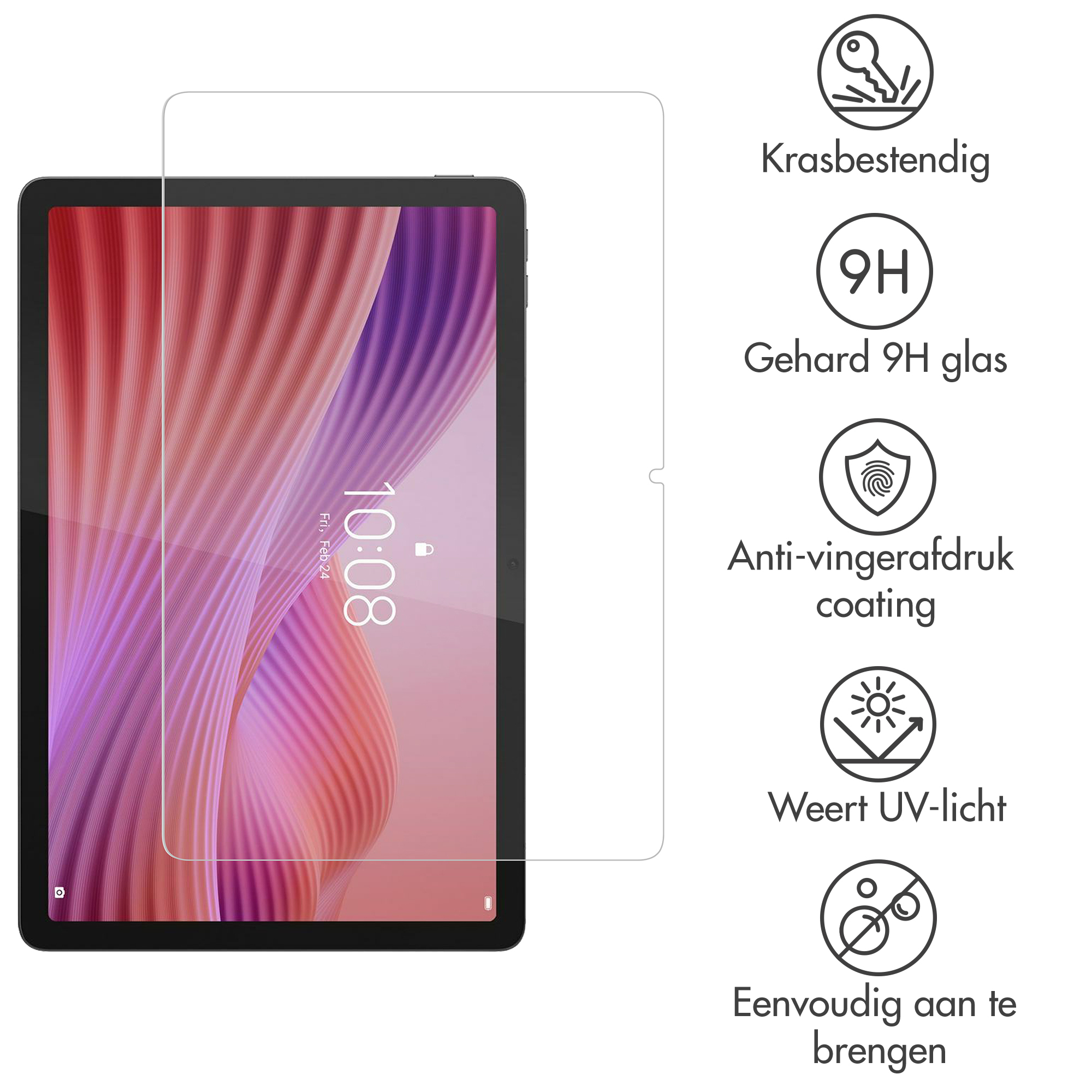 Tablet with screen protector, resistant to scratches, fingerprints, and UV light.