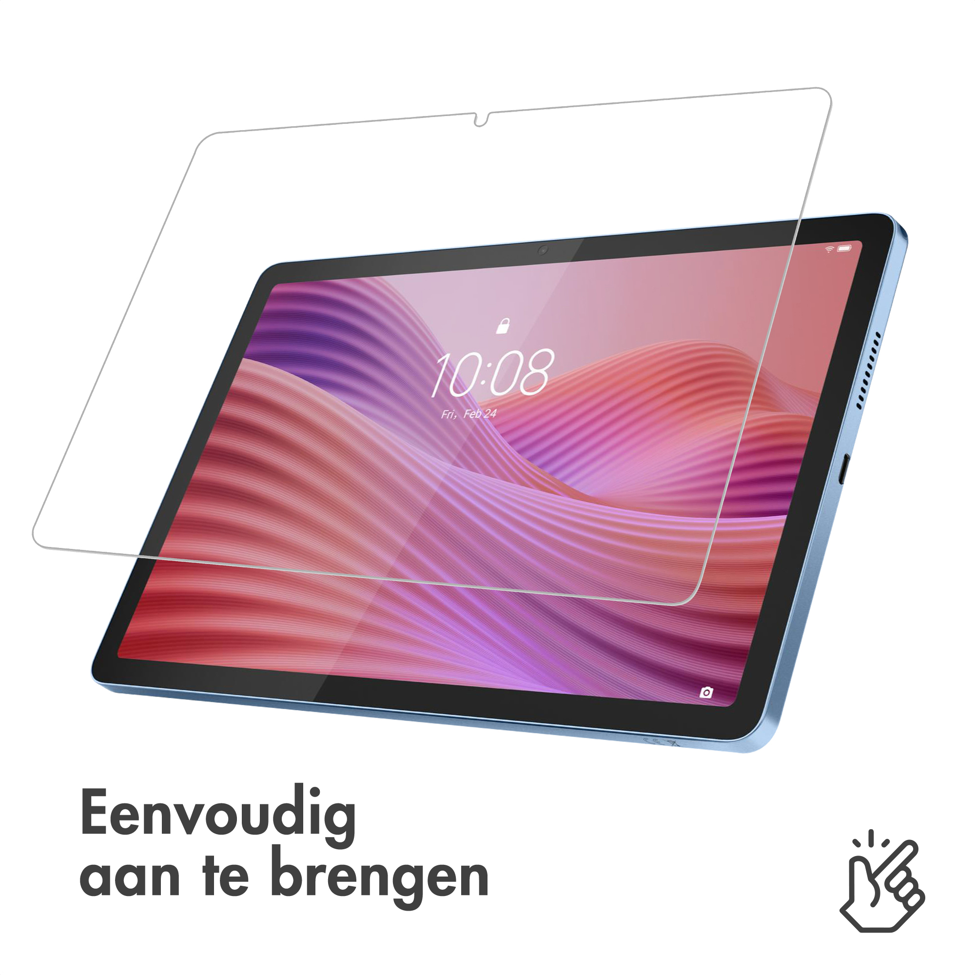 A screen protector lies over a tablet with a pink-purple wallpaper.