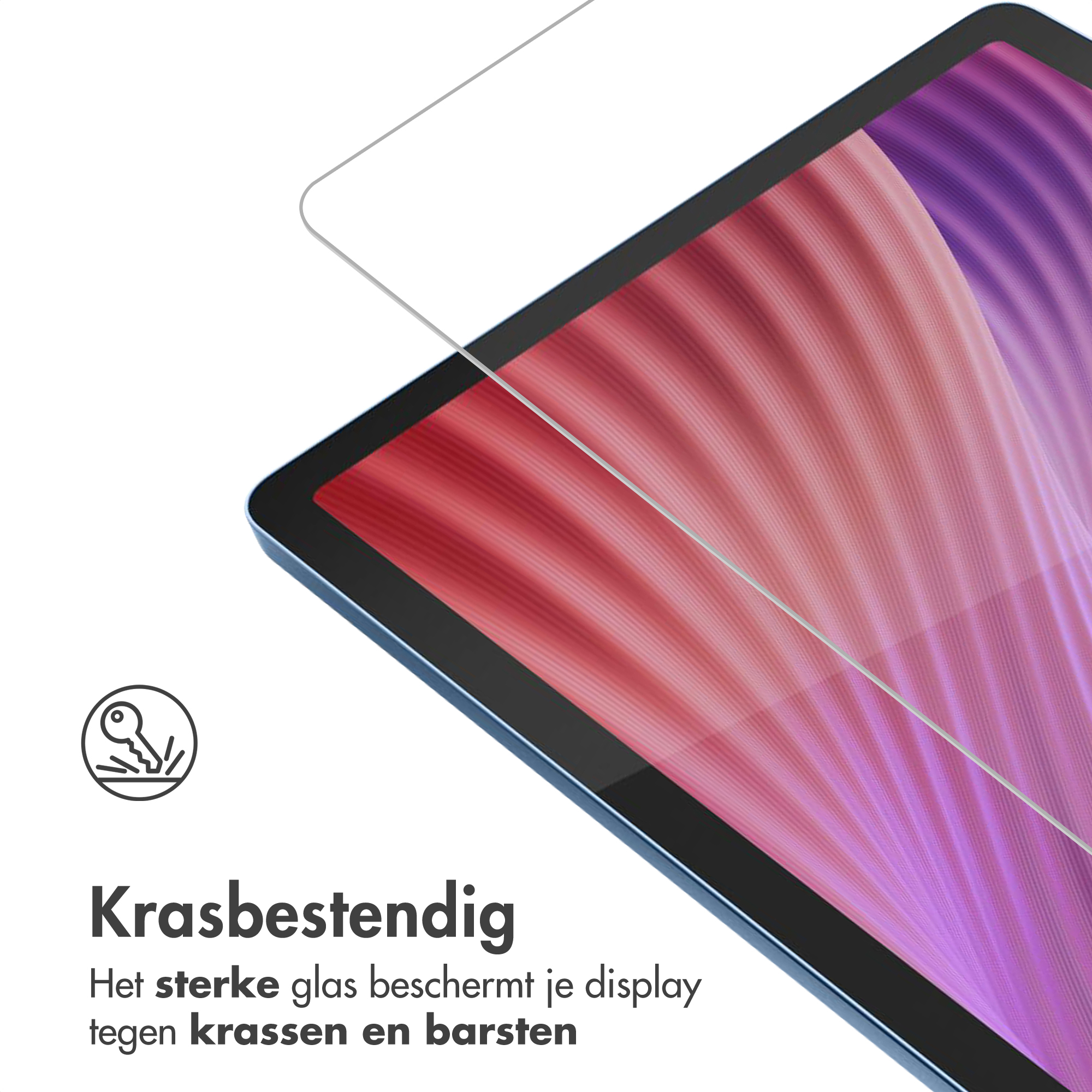 Screen protector on tablet with abstract background, scratch-resistant icon.