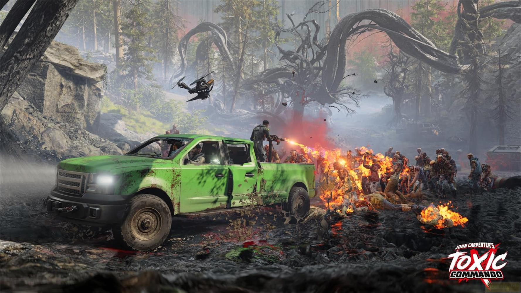 Pickup verde combatte zombie con lanciafiamme in una foresta.