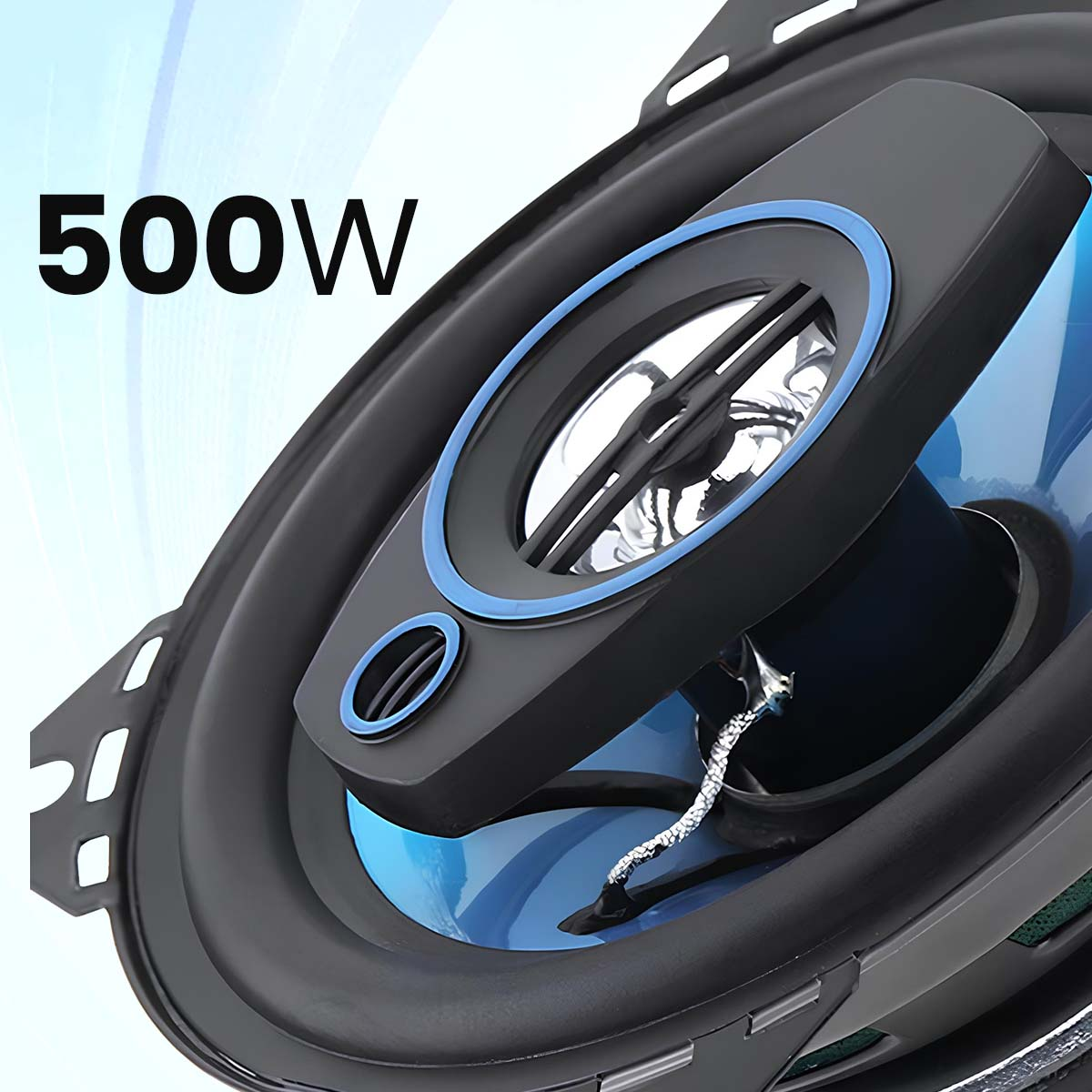 Un haut-parleur 500W avec cadre noir et accents bleus.