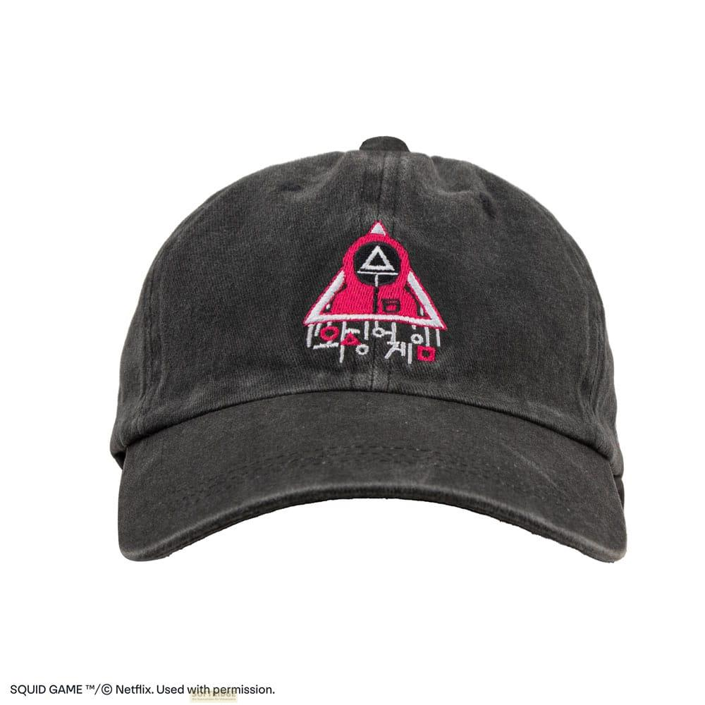 Gorra gris oscura con símbolo y texto de Squid Game.