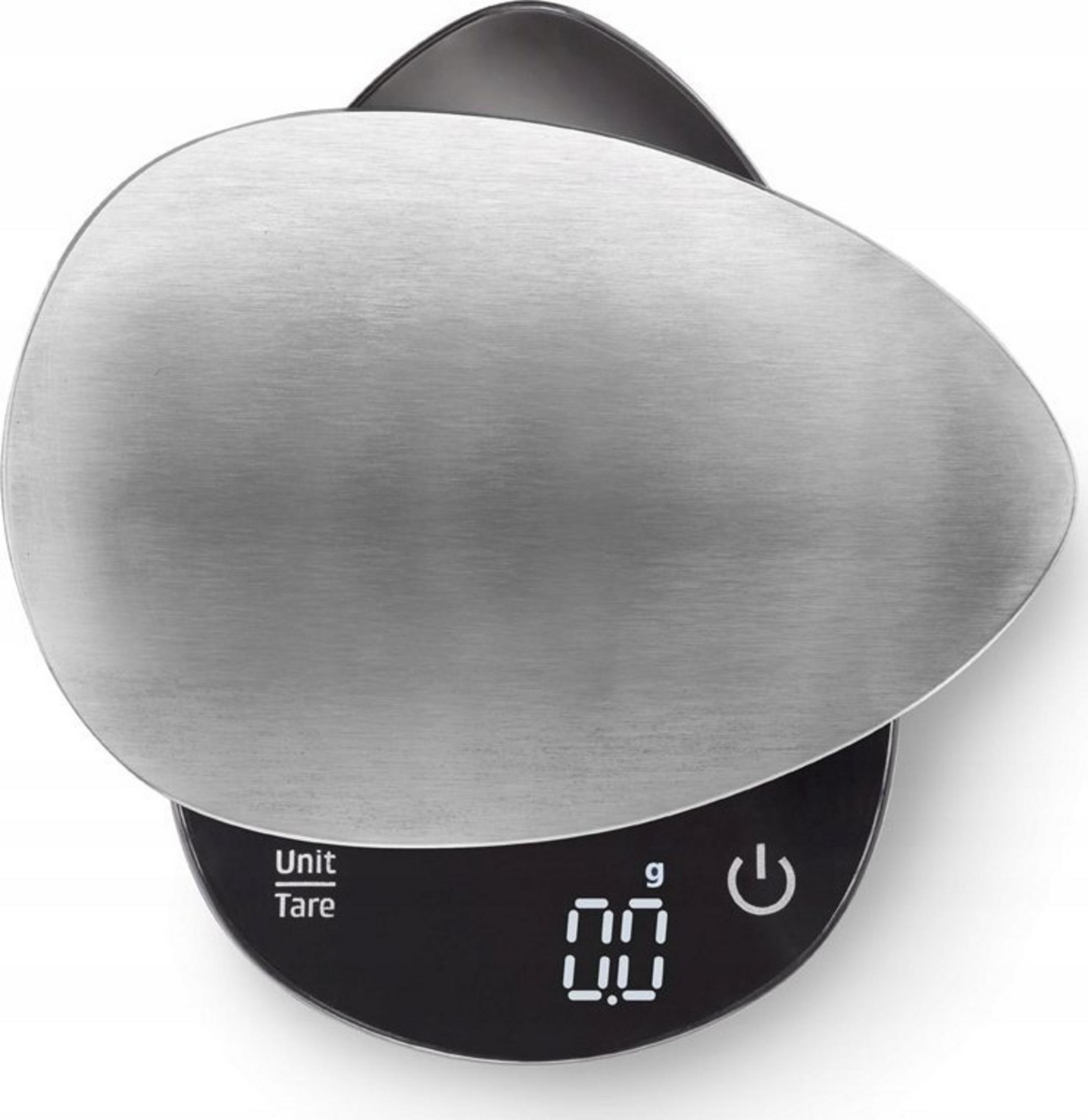 Une balance de cuisine numérique élégante avec surface en acier inoxydable et écran noir.