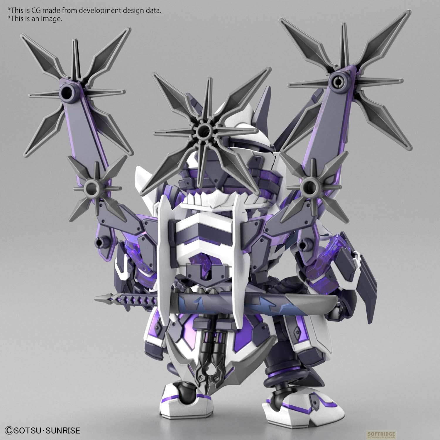 Un robot violet et blanc avec trois accessoires en étoile et une épée.