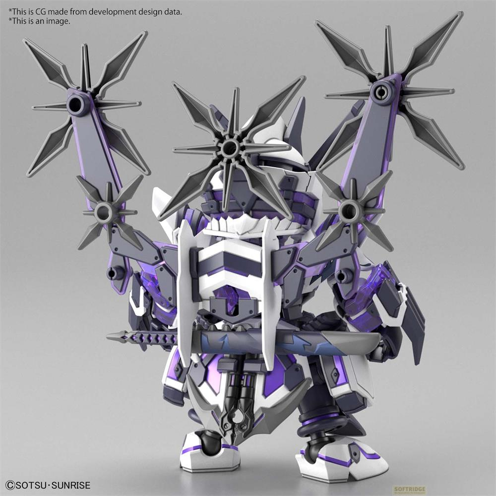 Un petit modèle blindé violet et blanc avec des armes.