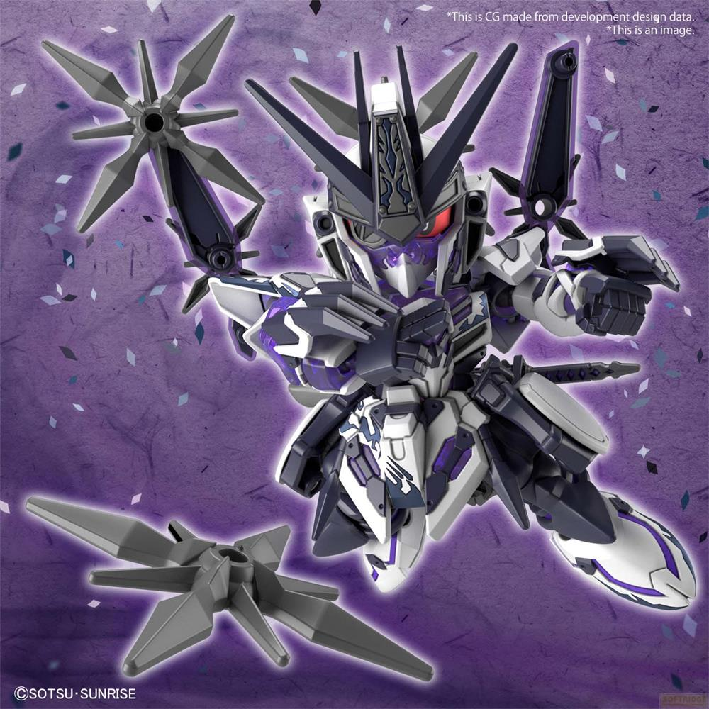 Un robot gris et violet avec des ailes pointues sur fond violet.