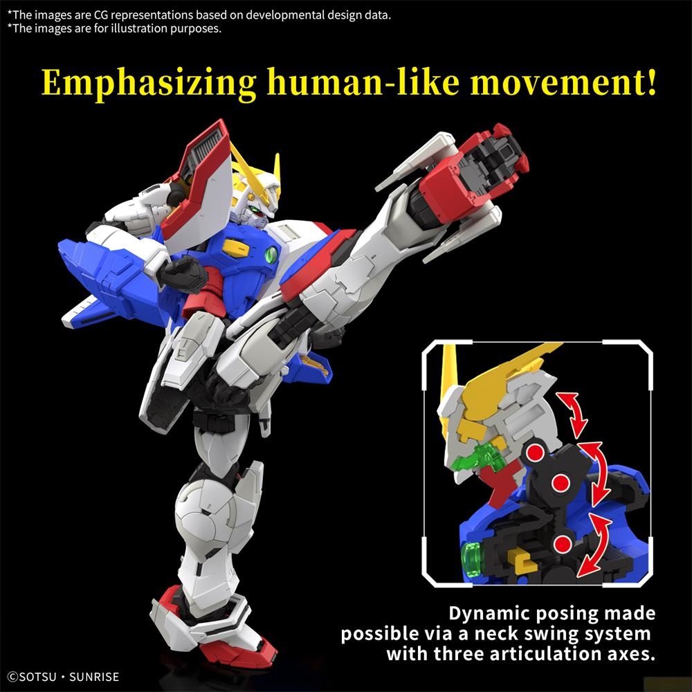 Un robot bleu, blanc et rouge en pose de combat, avec détail de l'articulation du cou.