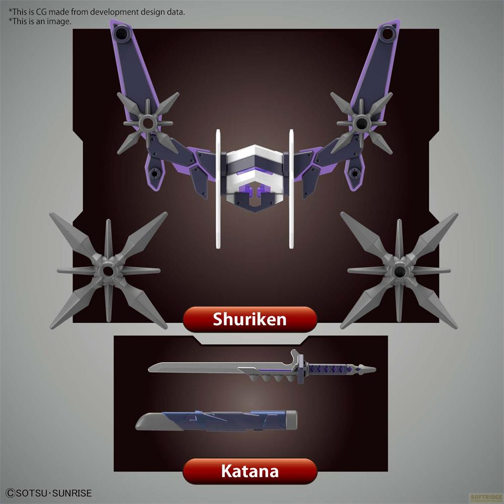Un ensemble d'équipement futuriste violet et gris avec shuriken et katana.