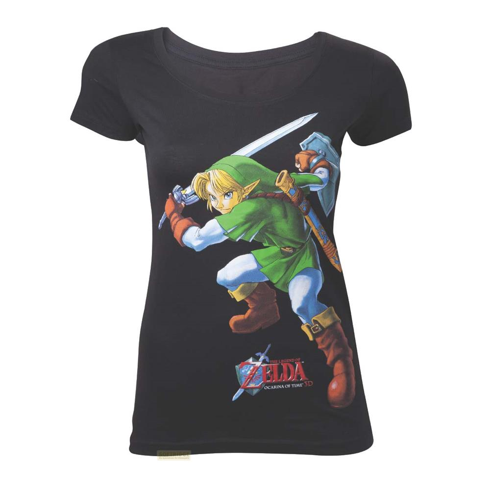Schwarzes T-Shirt mit Link aus Zelda, der ein Schwert schwingt.