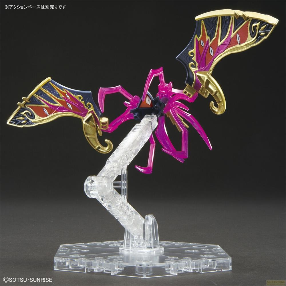 Un modèle violet et doré avec des ailes, exposé sur un support transparent.
