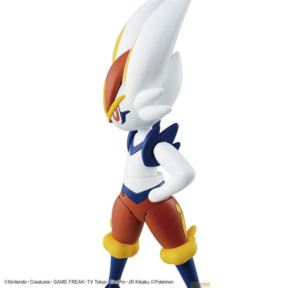 Une figurine Pokémon Cinderace avec des oreilles blanches, un ornement de tête rouge et des accents bleus.