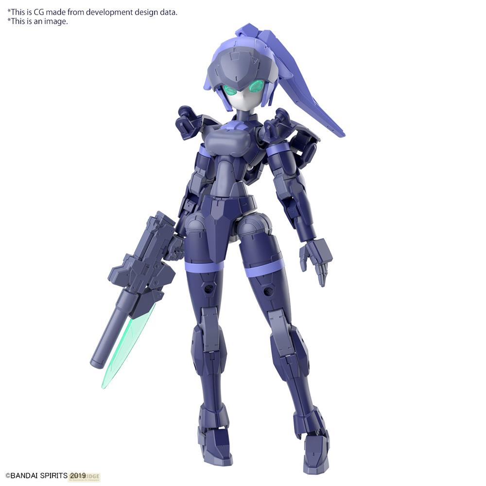 Figurine bleu-violet avec arme, isolée sur fond blanc.