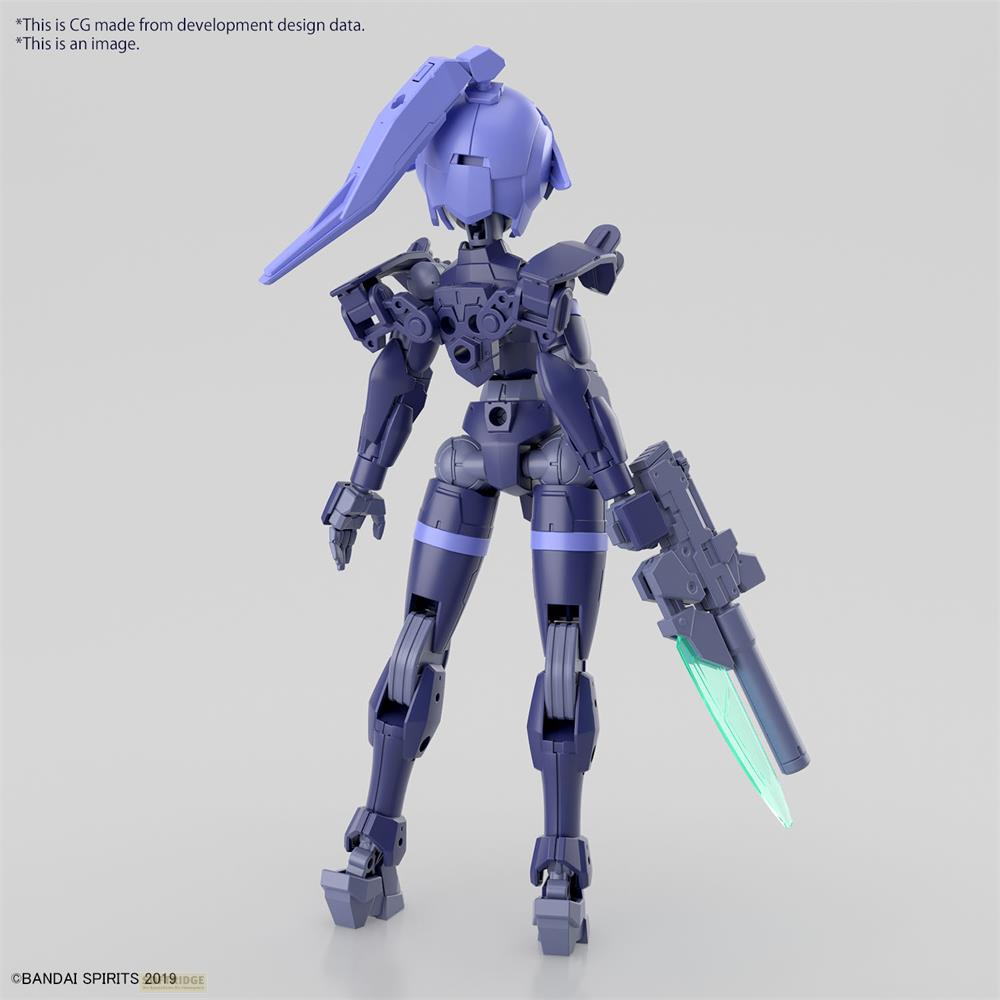 Une silhouette sombre aux cheveux violets tient une arme avec une lame verte.