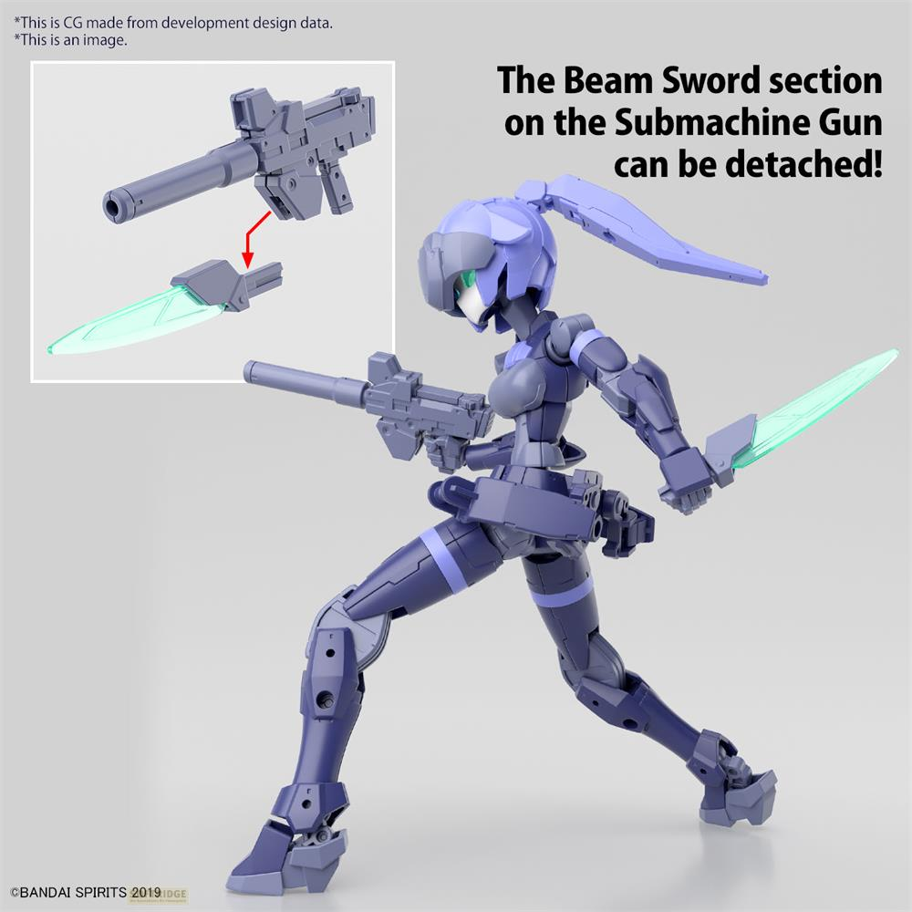 Une figurine violette tient un pistolet avec une épée détachable.