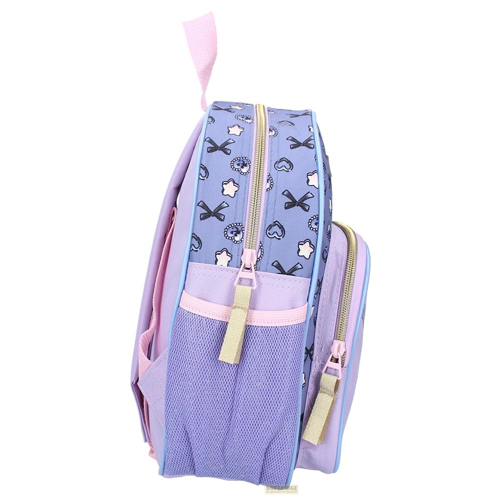 Mochila morada con estampado de lazos y estrellas, bolsillo lateral de malla.