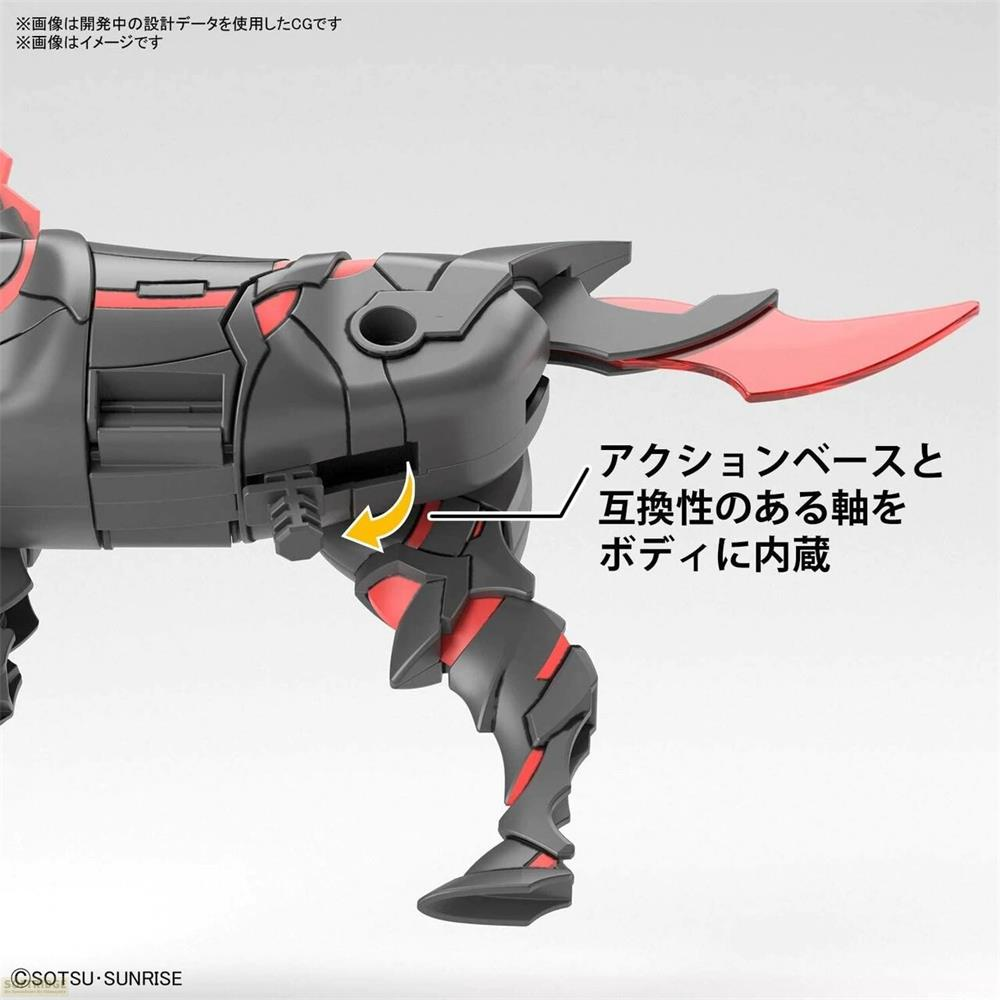 Un chien robot noir et rouge avec des accents rouges, debout sur une patte.