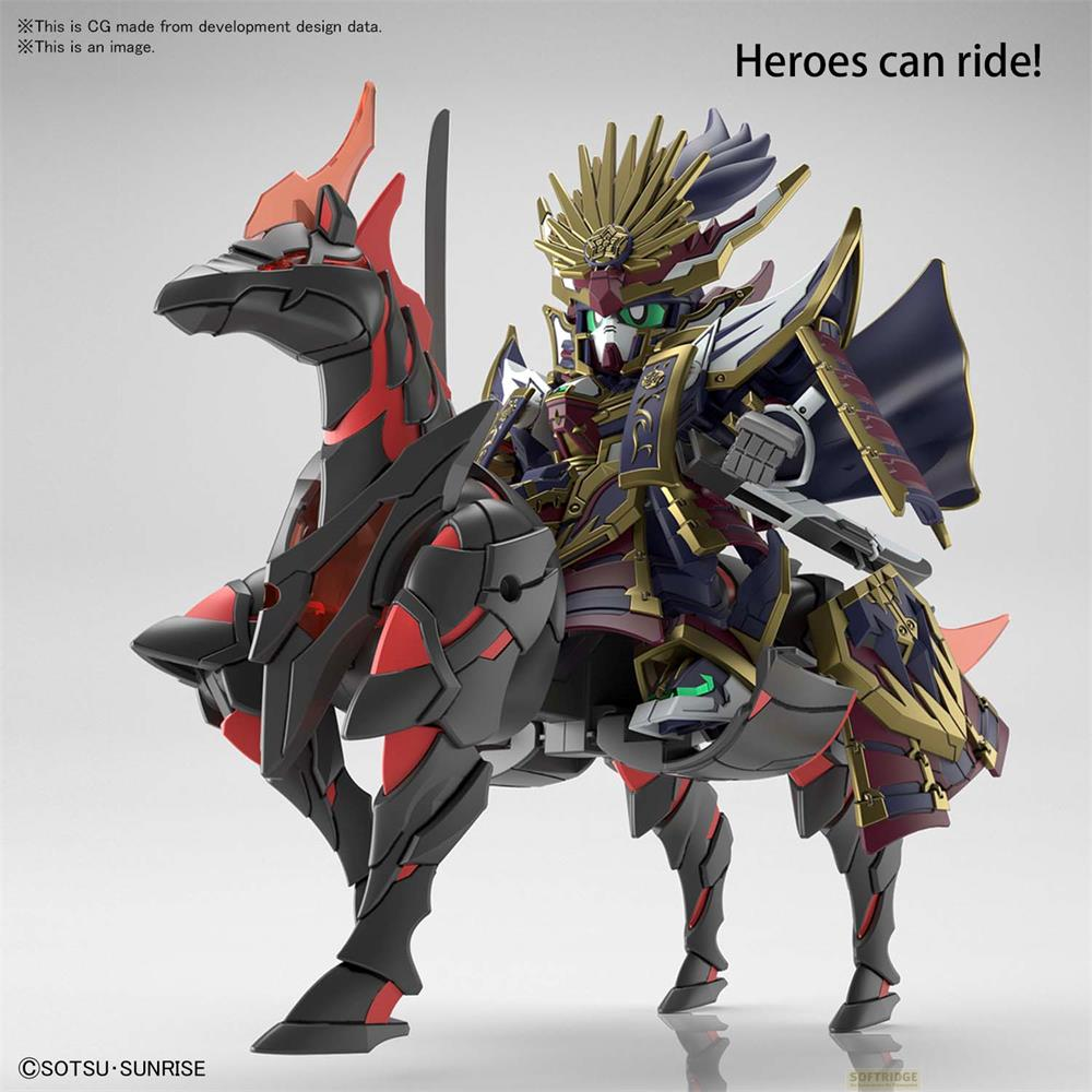 Un personnage robot chevauche un cheval mécanique rouge et noir.