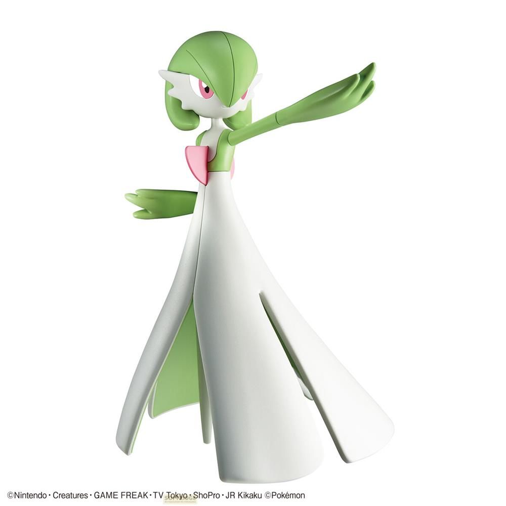 Une figurine Gardevoir verte et blanche avec des accents roses se dresse.