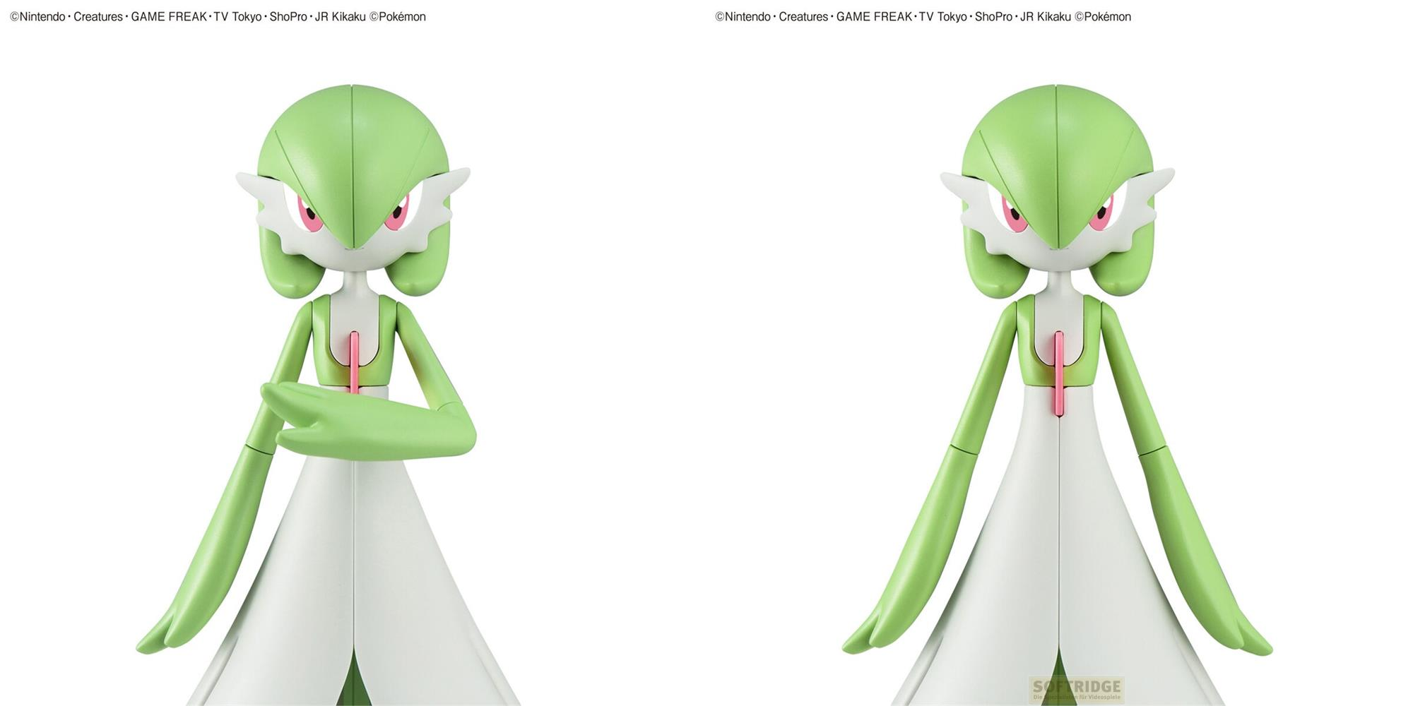 Deux figurines de Gardevoir avec têtes vertes et robes blanches.