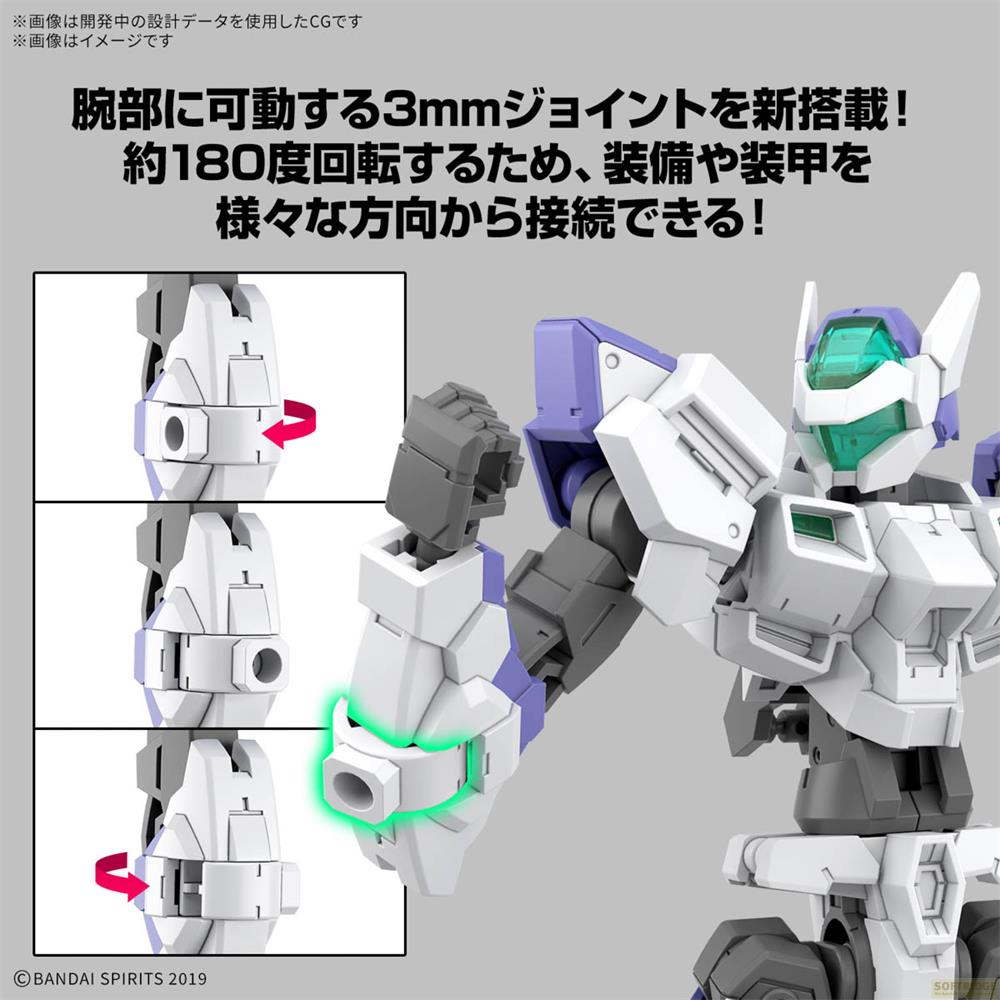 Un robot blanc et violet avec une articulation de 3 mm sur le bras qui tourne à 180 degrés.