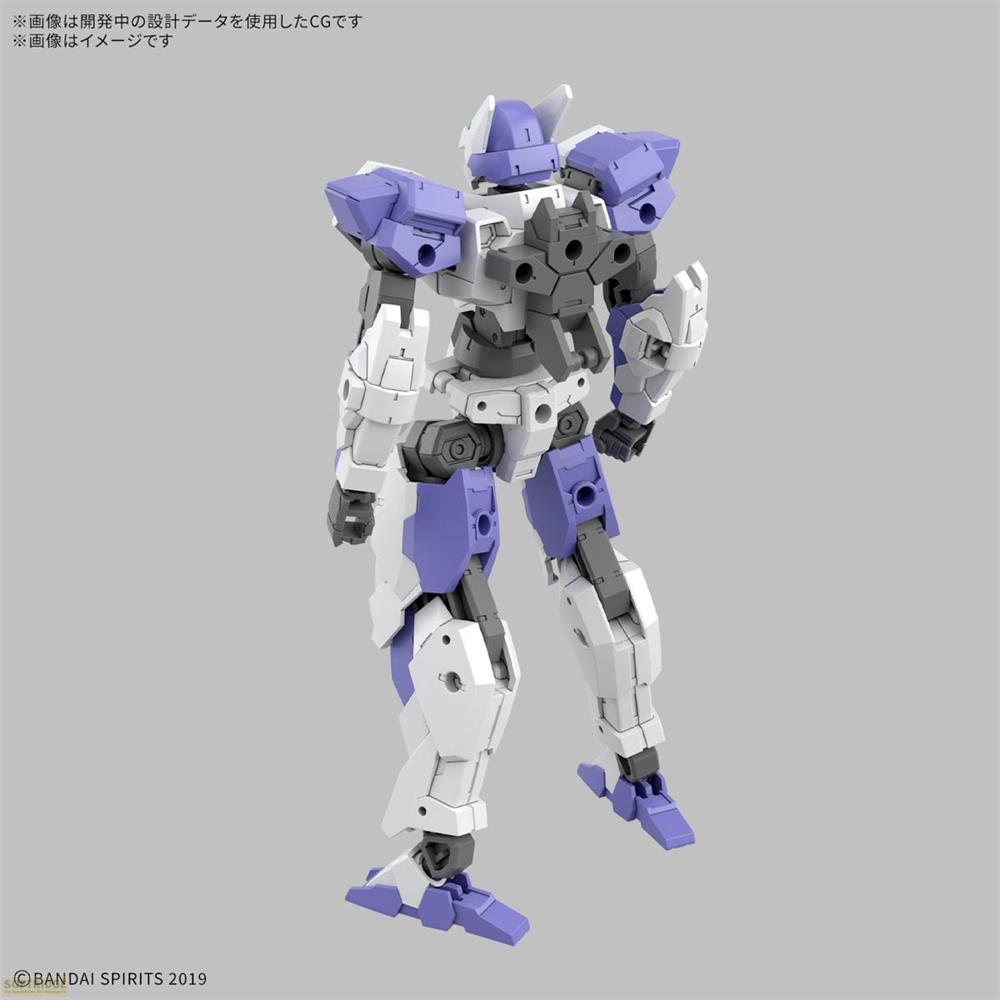 Un robot blanc et violet se tient sur un fond gris.
